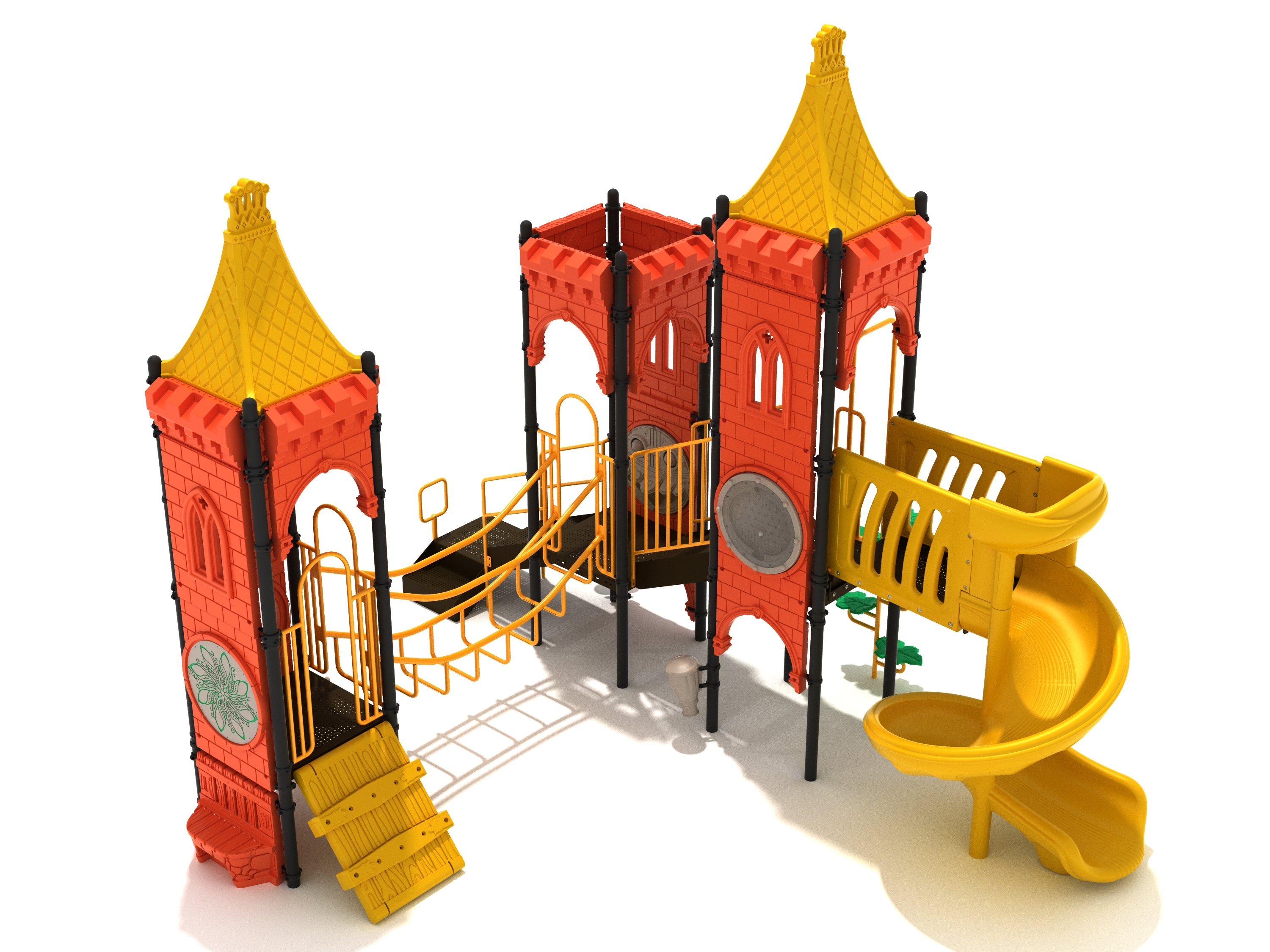 Chivalry Canyon Playground with castle-themed towers, spiral slide, rope bridge, and interactive activity panels in bright yellow and orange