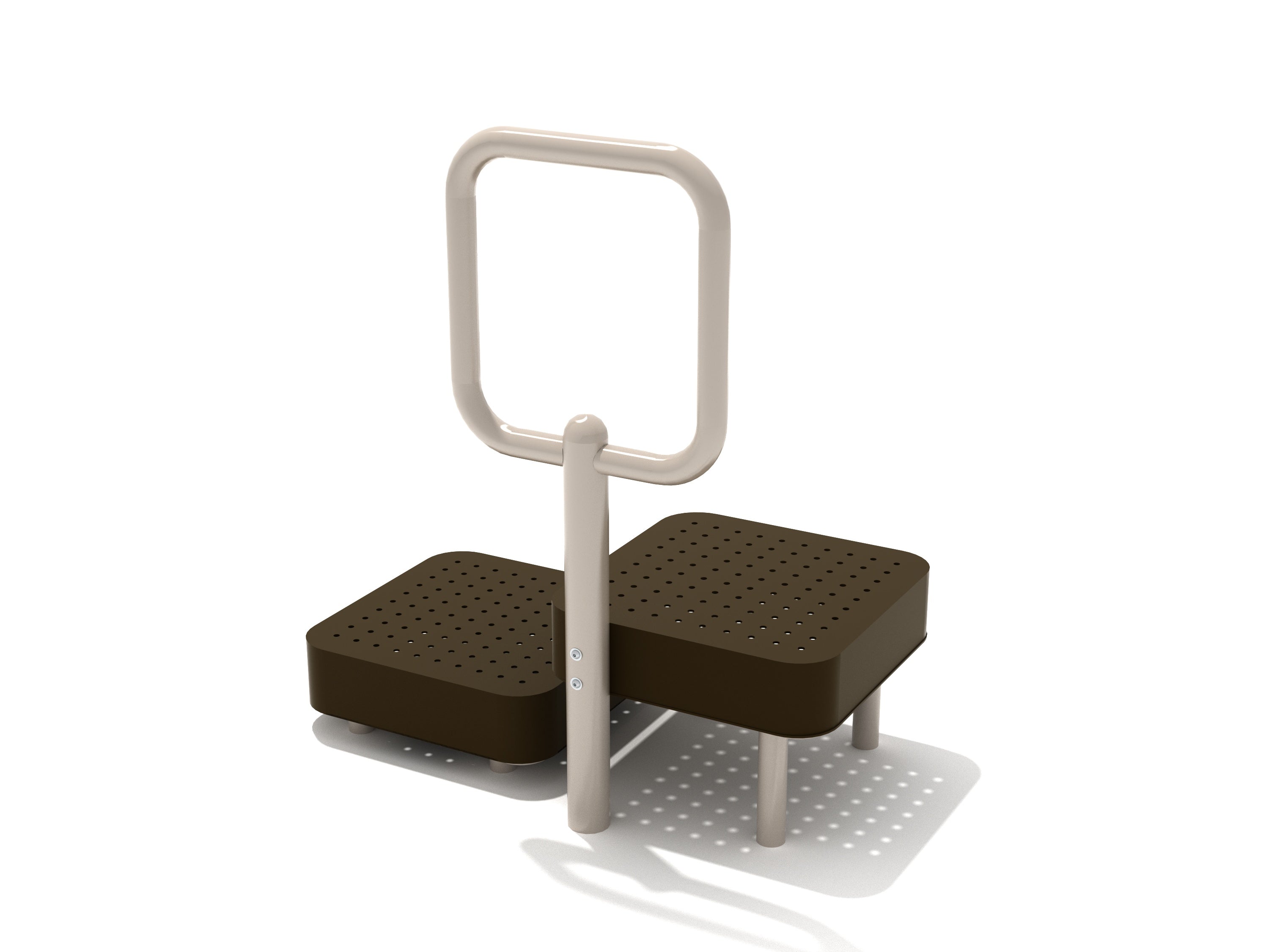 Assisted Step Up Station with textured perforated brown steps and beige ergonomic handrail for outdoor fitness and mobility support