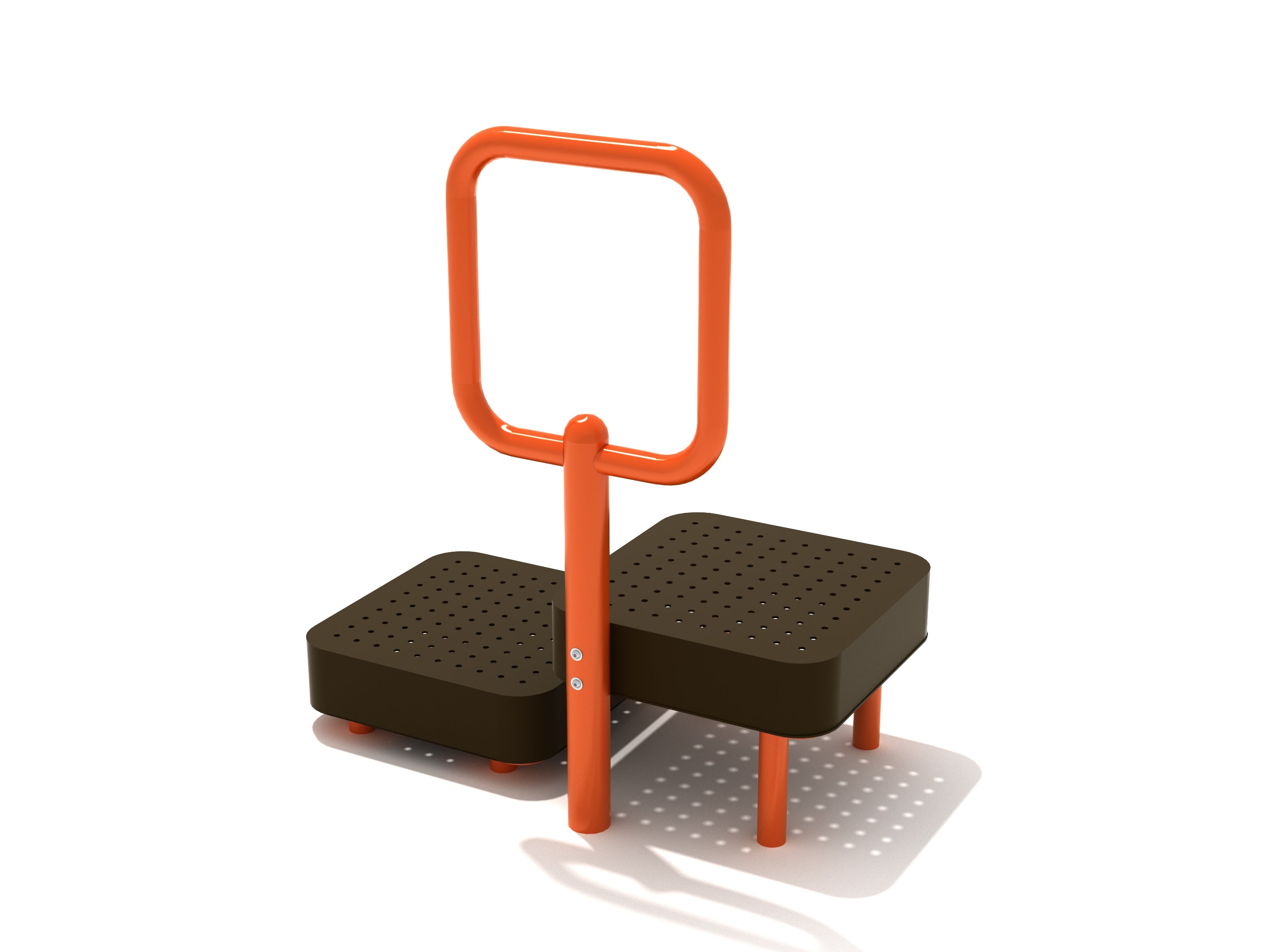 Outdoor fitness step-up station with textured perforated platforms and bright orange ergonomic handrail for support