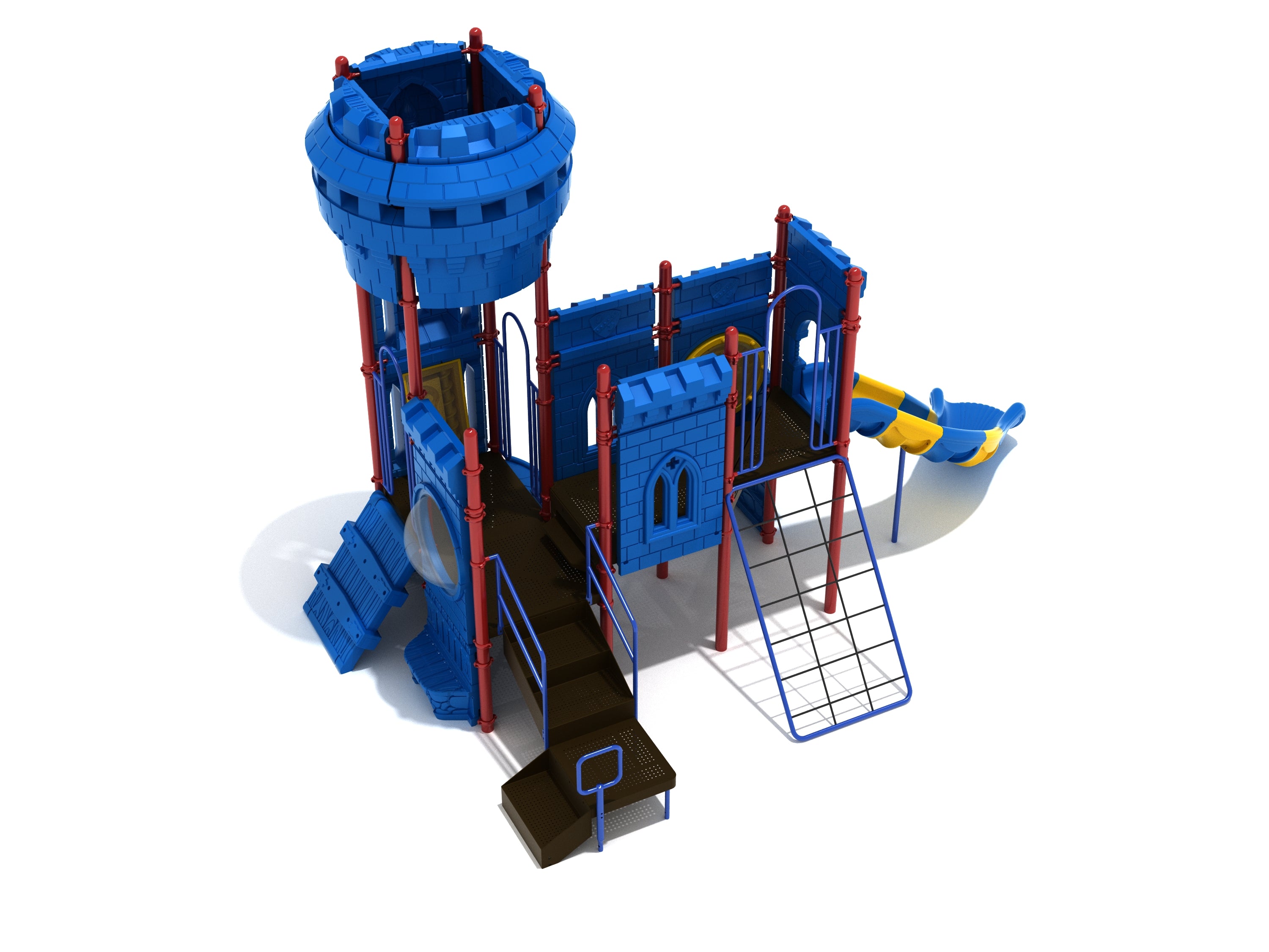 Castle-themed playground with tall turret, battlement walls, cargo net climber, ramped deck, and blue-yellow curved slide