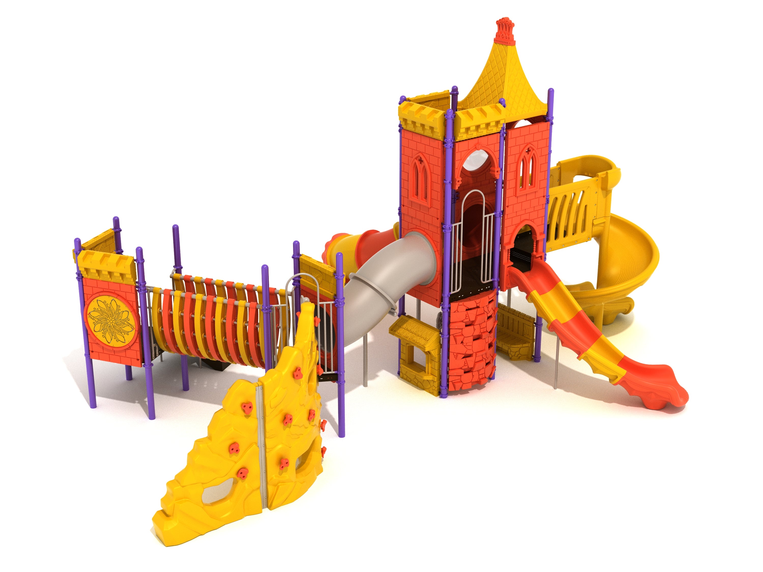 Castle-themed playground with climbing wall, tube slide, spiral slide, and bridge in bright red, yellow, and purple colors.