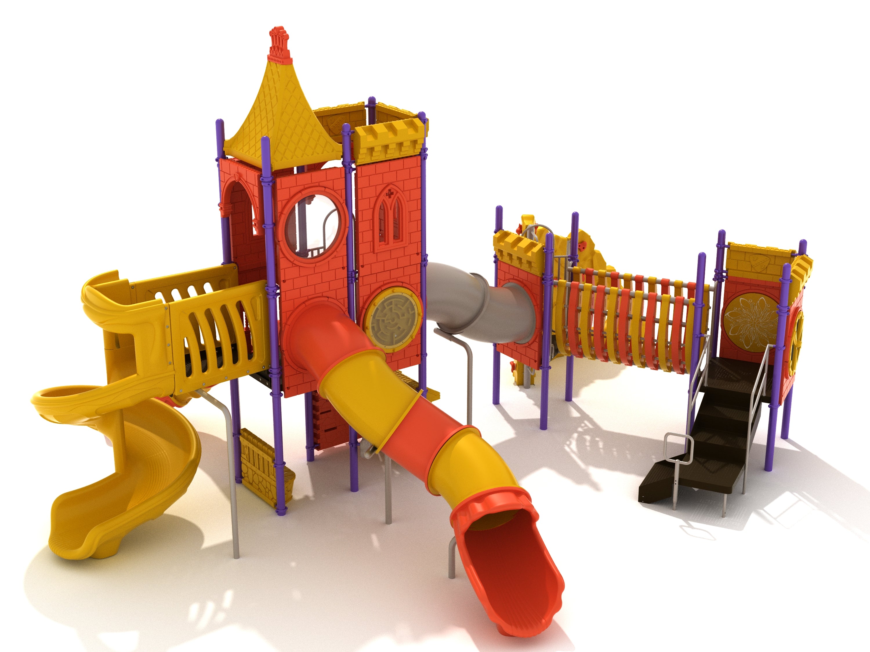 Colorful castle-themed playground with slides, climbing wall, arching bridges, and interactive play panels for active kids