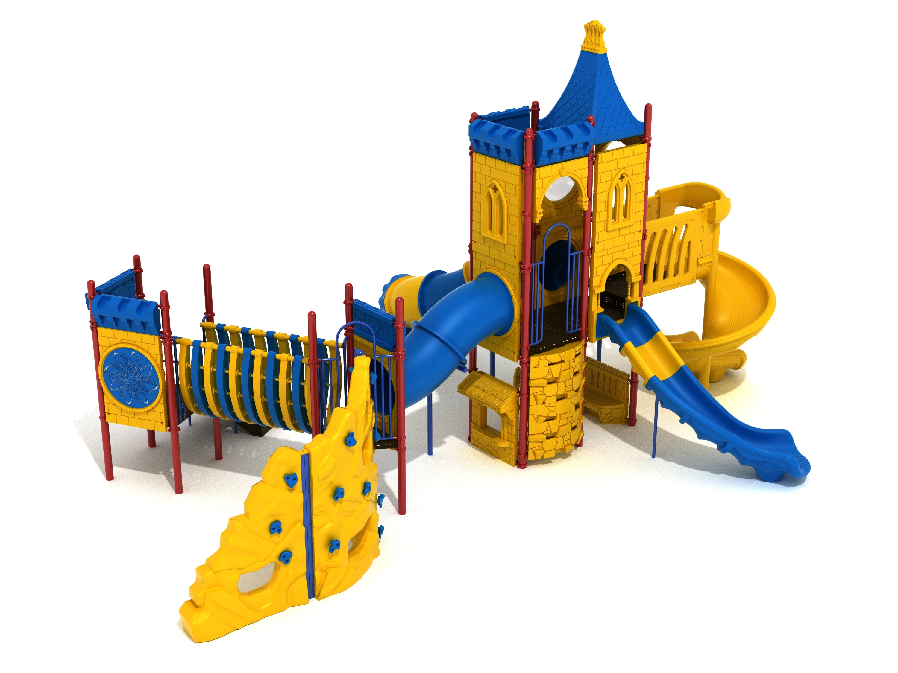 Castle-themed playground with blue and yellow climbing wall, tube slide, curved slide, and arched bridge.