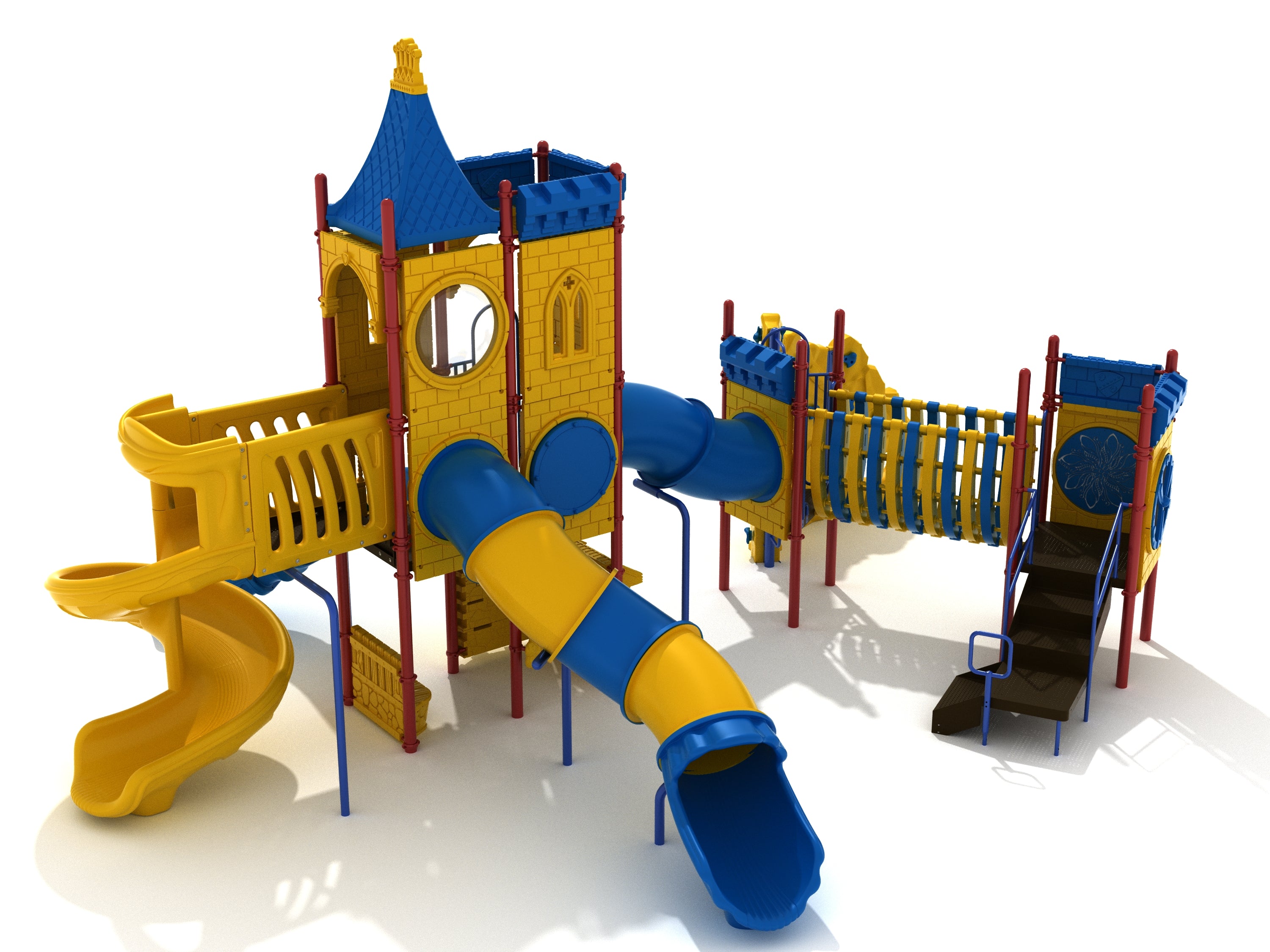 Castle-themed playground with blue and yellow slides, climbing walls, arching bridges, and interactive play panels.