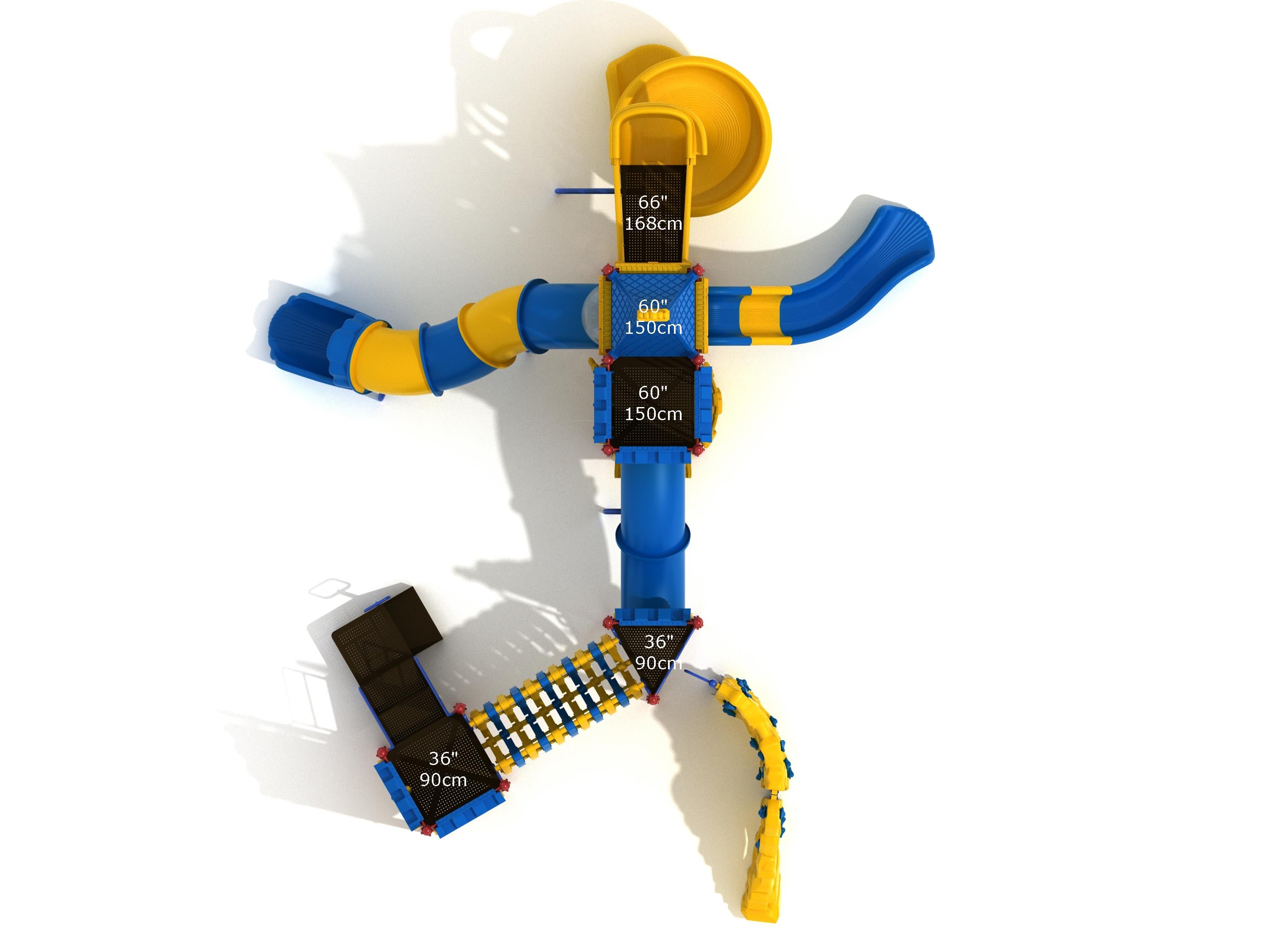 Overhead view of a blue and yellow commercial playground with slides, climbing structures, bridges, and interactive panels