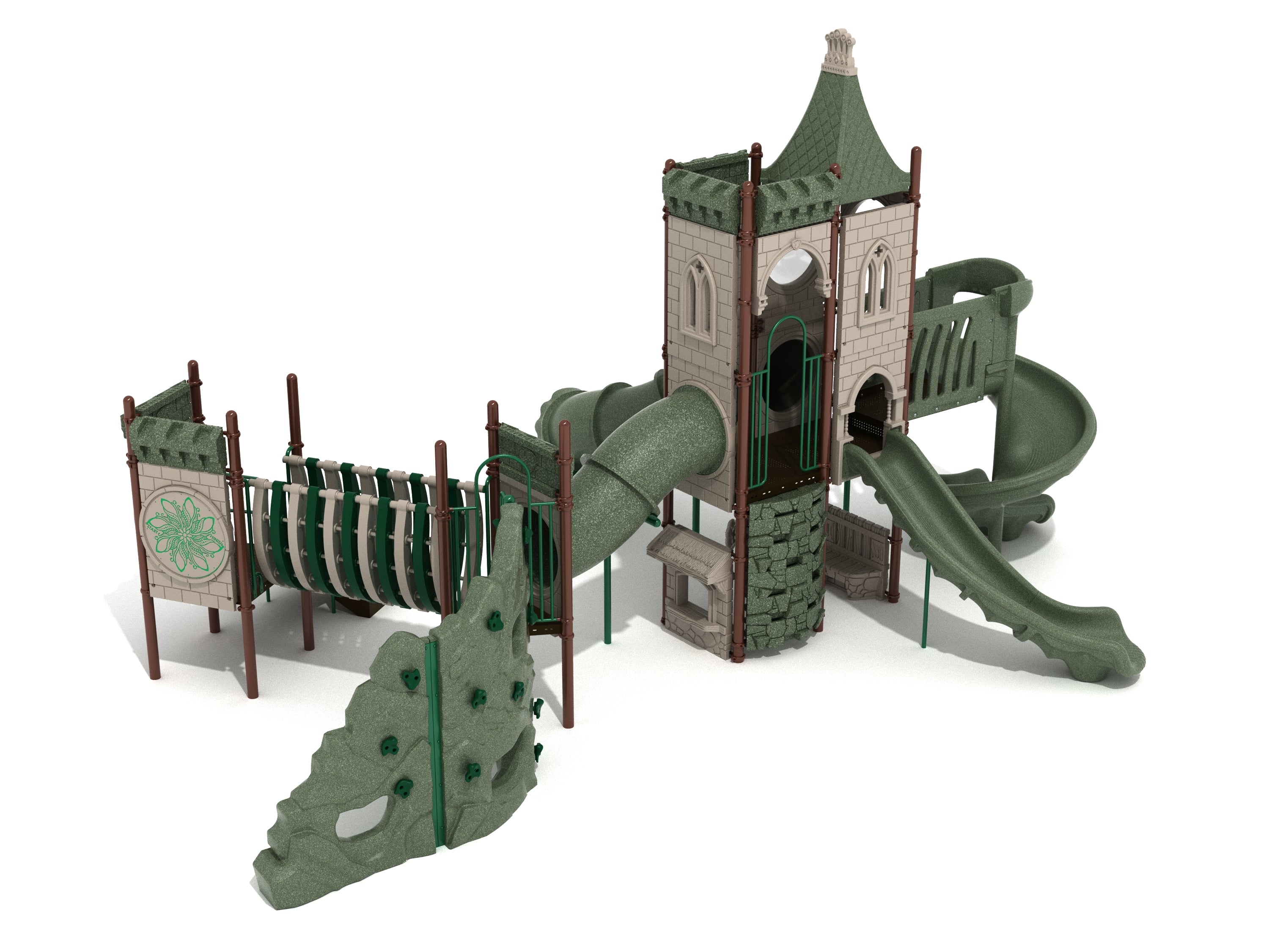 Castle-themed playground with rock climbing wall, arched bridge, spiral and tube slides, and interactive play panels in green and beige.