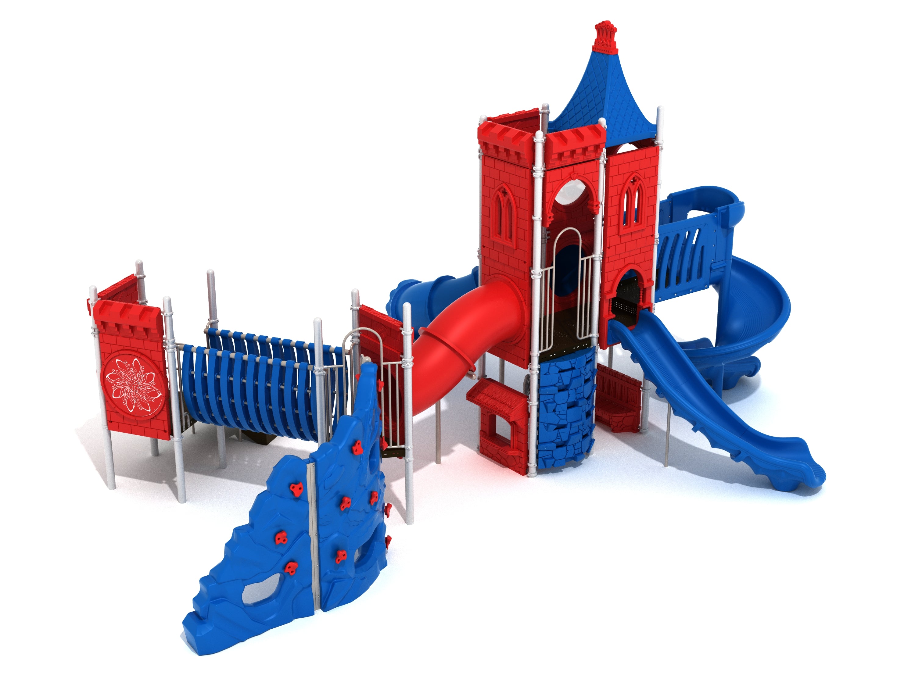 Castle-themed playground with red and blue slides, climbing wall, arching bridge, and interactive play panels