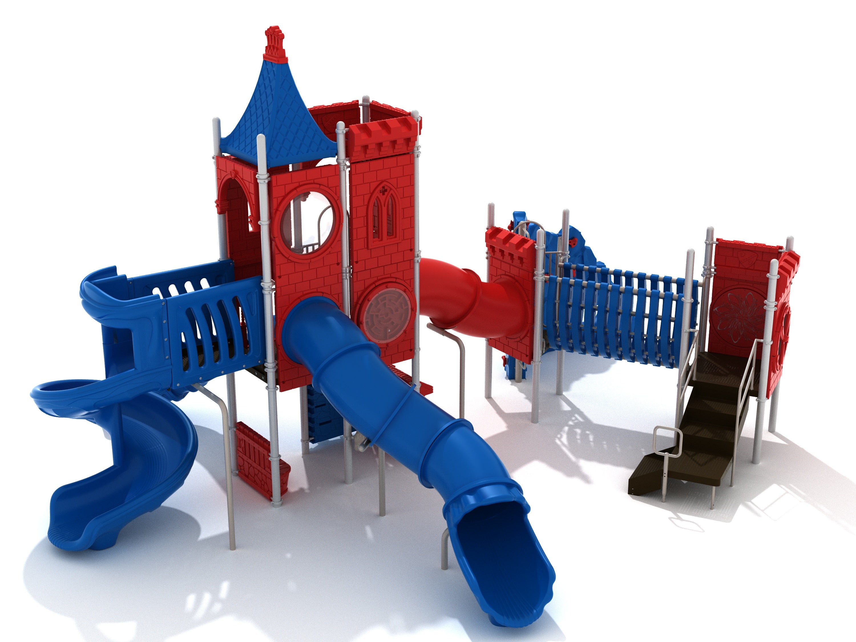 Castle-themed playground with red towers, blue slides, climbing bridge, rock wall climber, and interactive play panels.