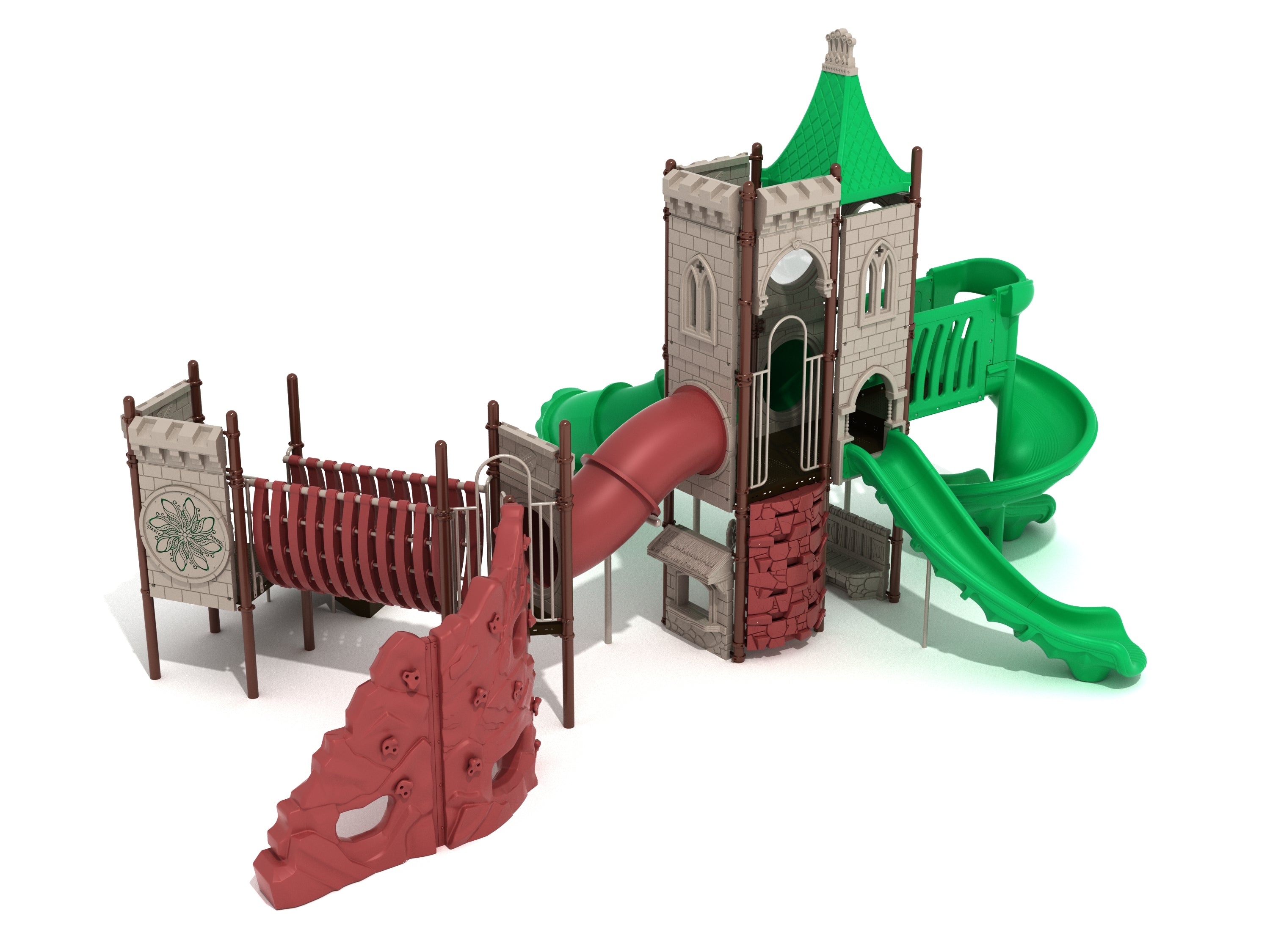Castle-themed playground with green and red slides, rock climbing wall, and arched bridge connecting towers