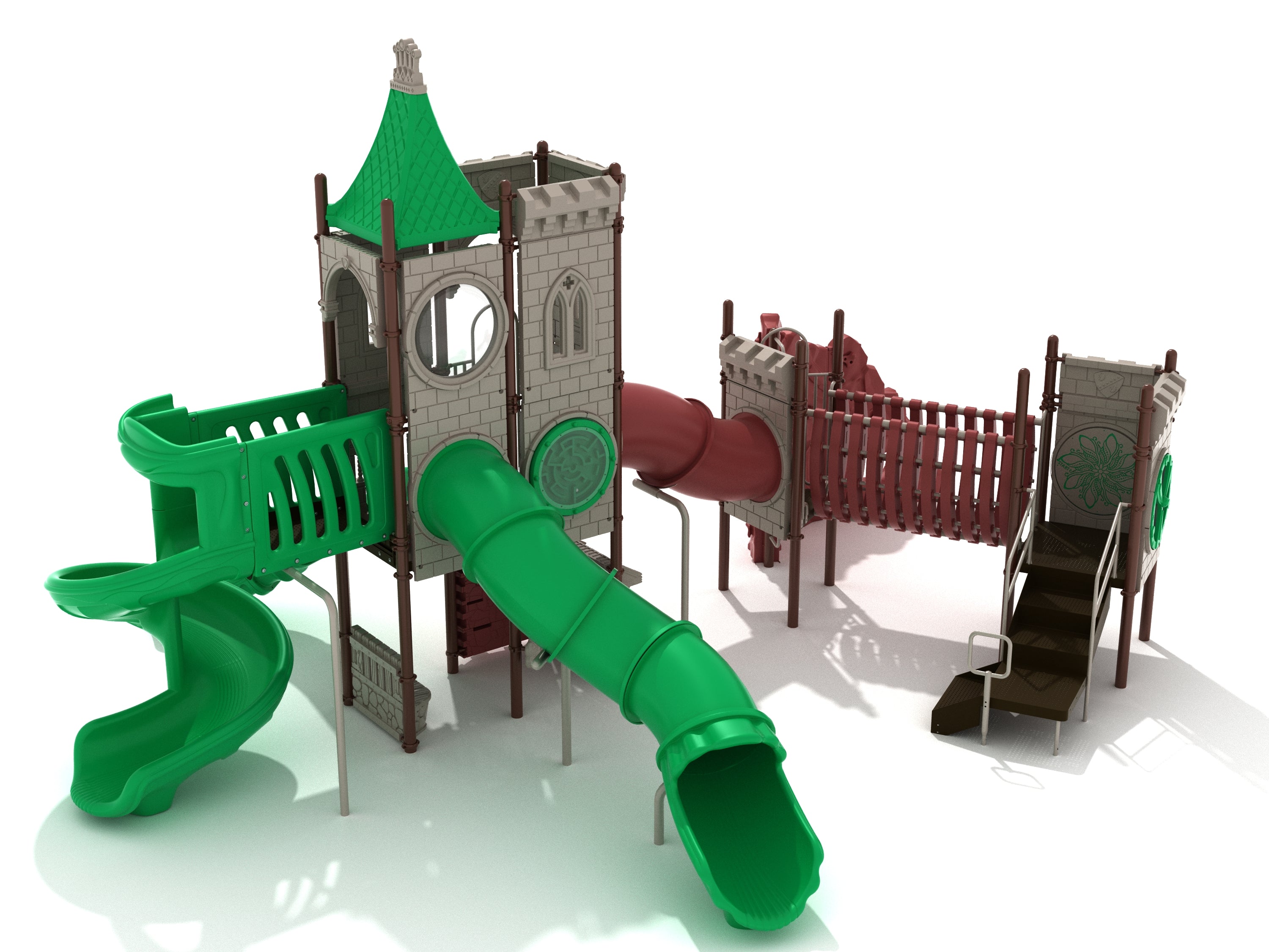 Fortnight Festival Playground with castle-themed towers, climbing wall, rope bridge, green tube, and spiral slides