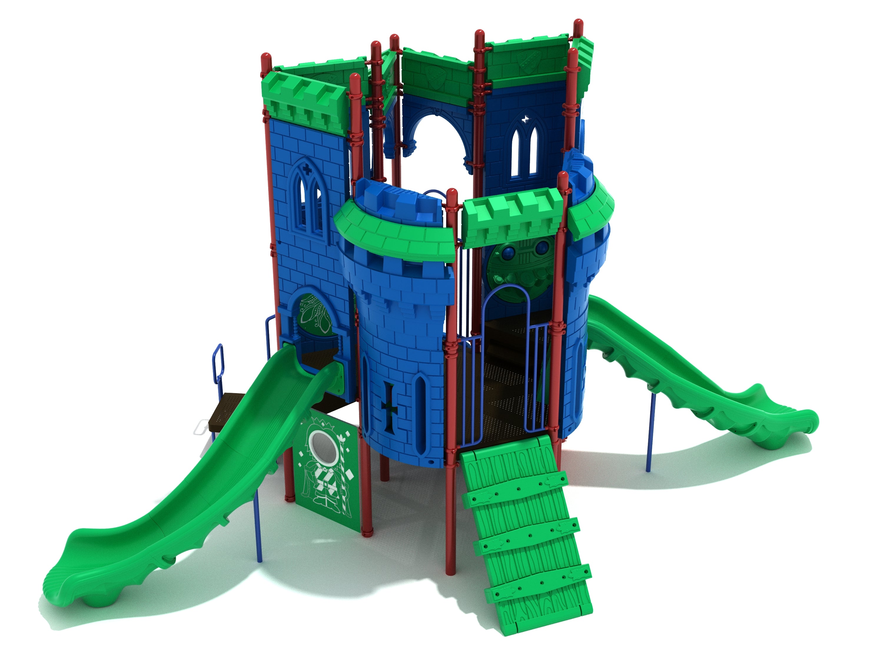 Eyre of Edgar Playground with castle-themed blue and green structure, two green slides, climbing ramp, and interactive play panels