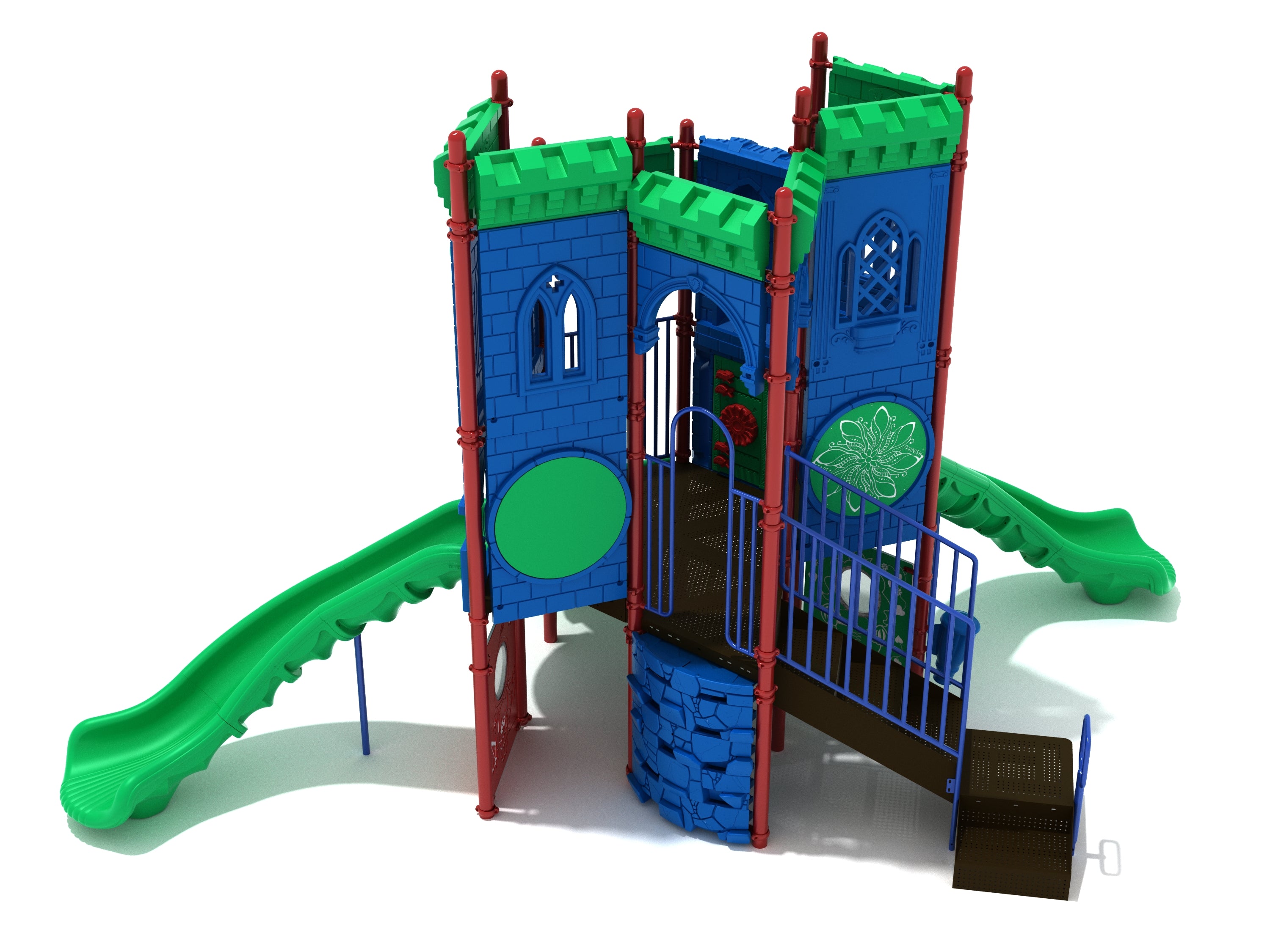 Castle-themed playground structure with blue and green panels, red posts, two green slides, and a ramp entrance.