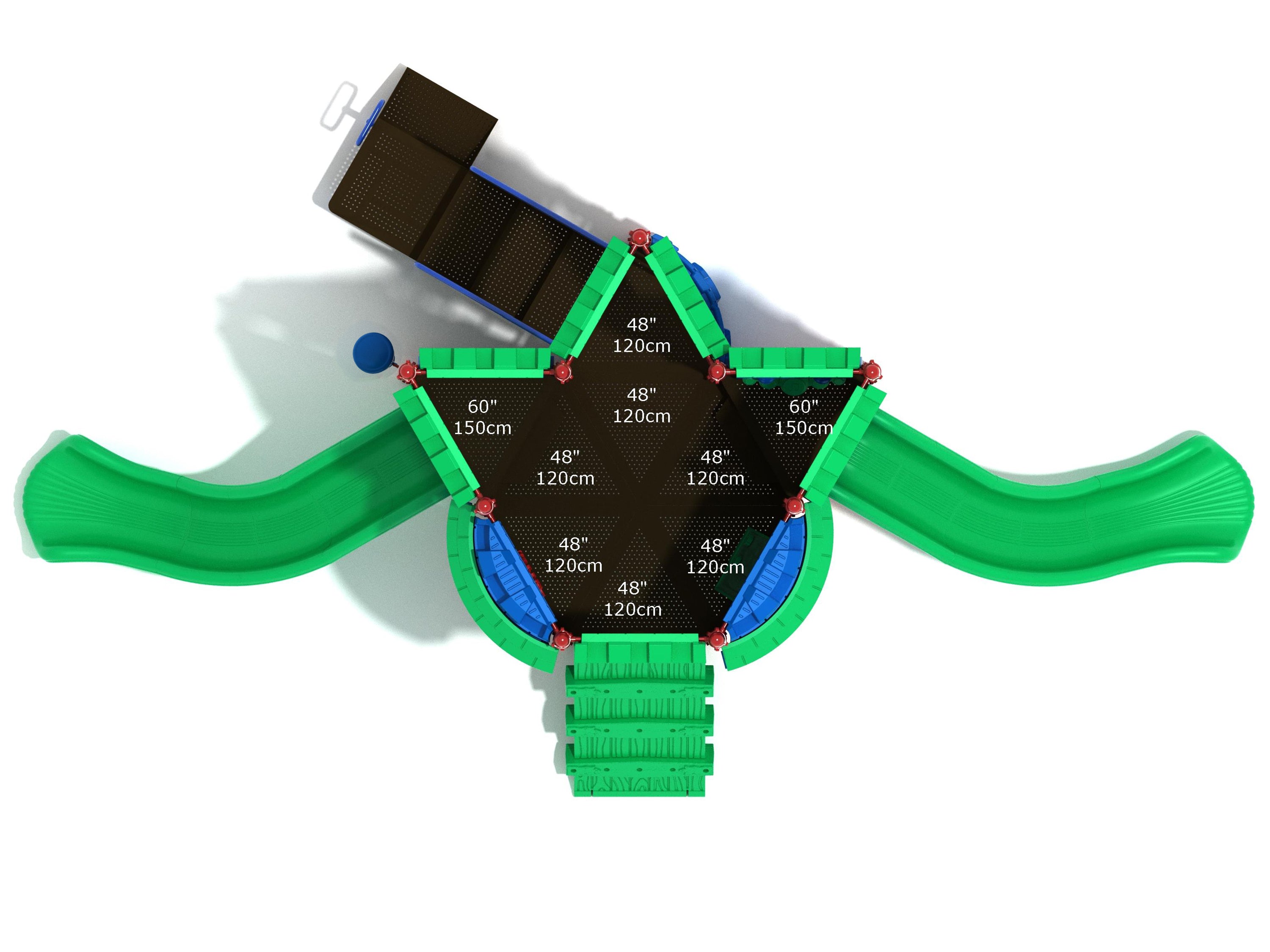 Overhead view of a green and blue castle-themed playground with curved slides, climbing steps, and a platform