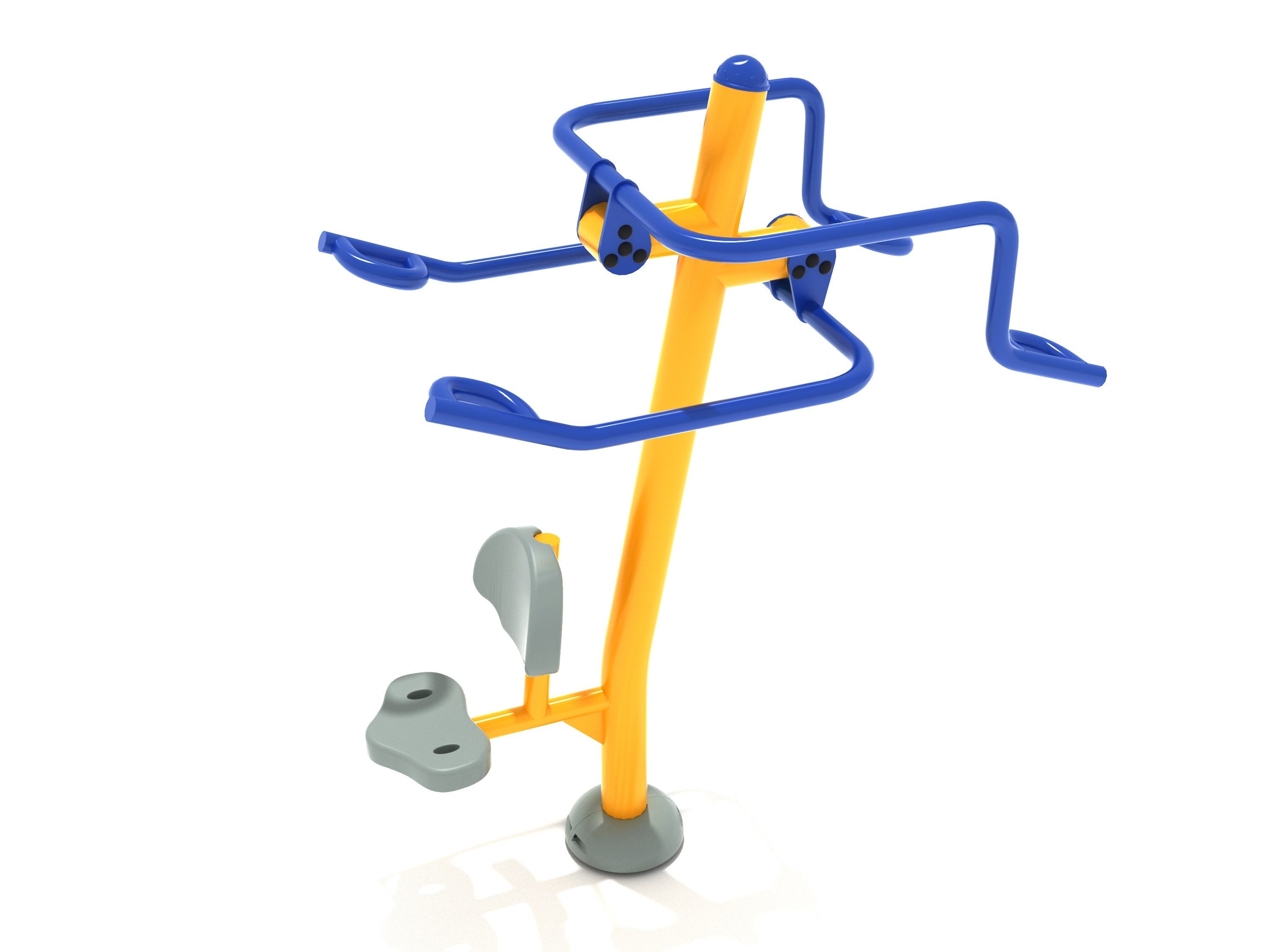Accessible Double Station Lat Pull Down with dual blue pull bars, yellow steel frame, and gray wheelchair-accessible seat for outdoor fitness