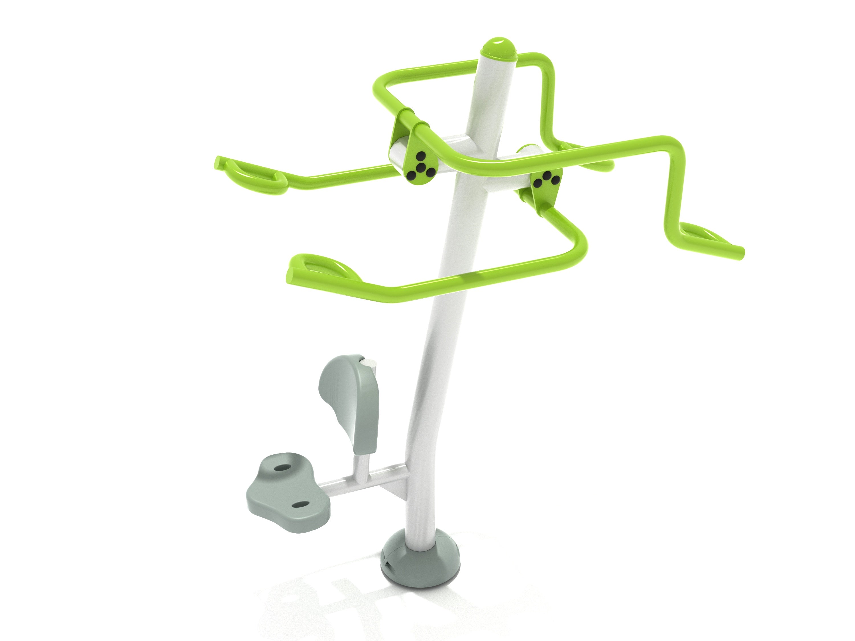Outdoor dual-sided lat pull down with wheelchair-accessible handles, built-in seat, green and gray steel frame