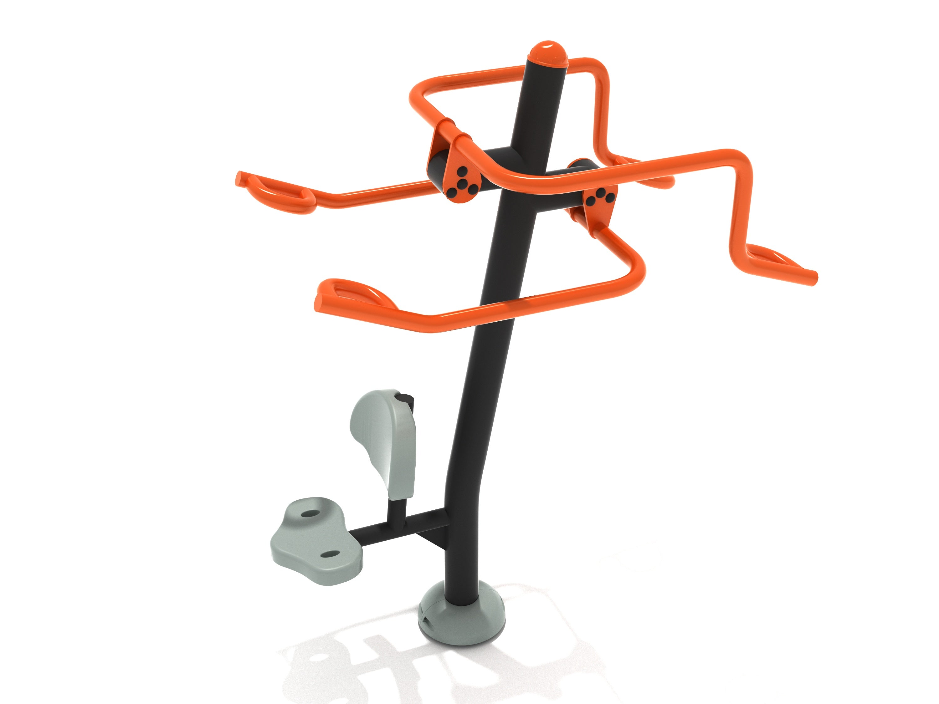 Outdoor dual-station lat pull down with wheelchair access and built-in seat, orange and gray steel frame