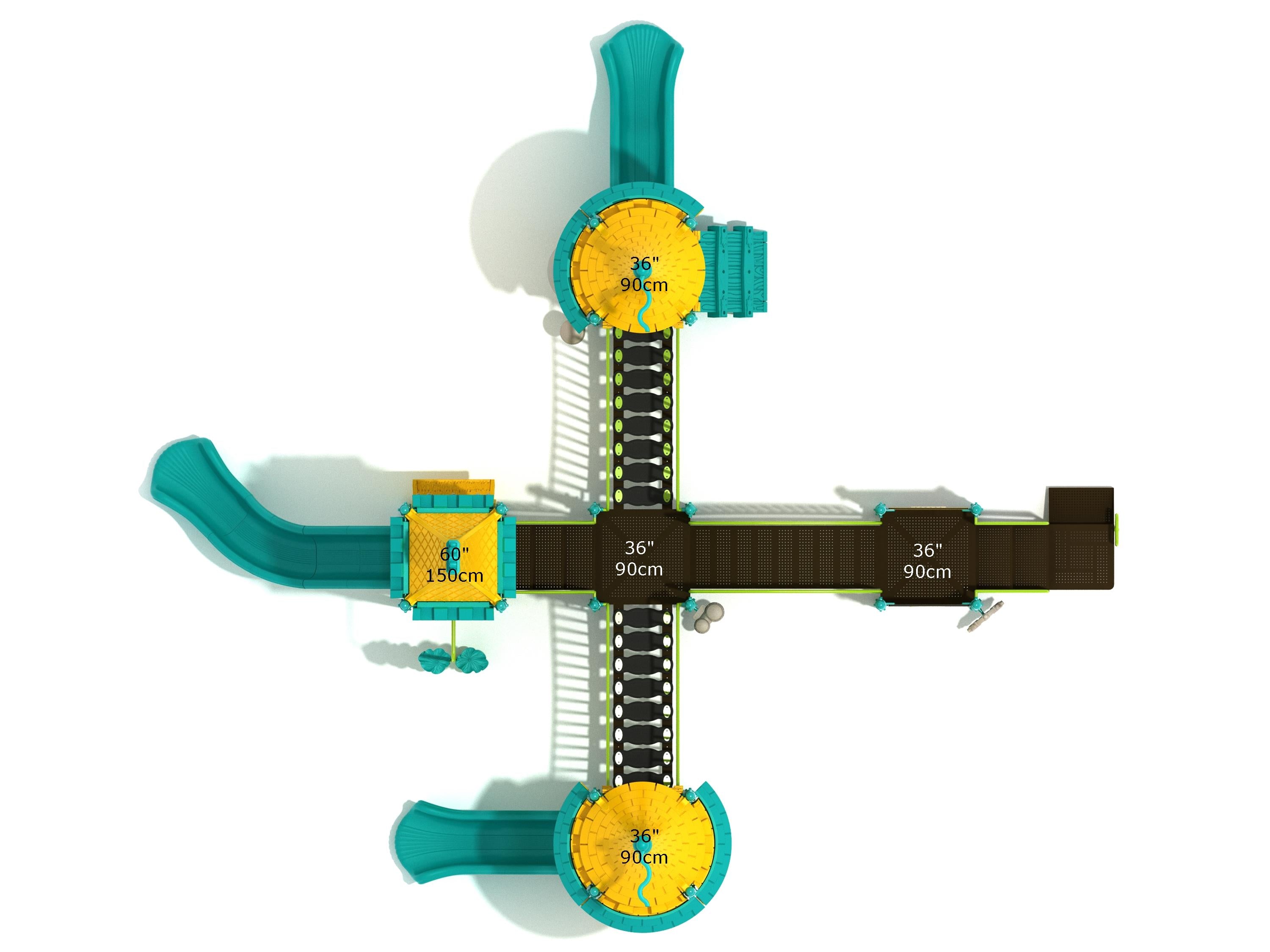 Overhead view of a colorful castle-themed playground with teal and yellow turrets, slides, bridges, and interactive play panels