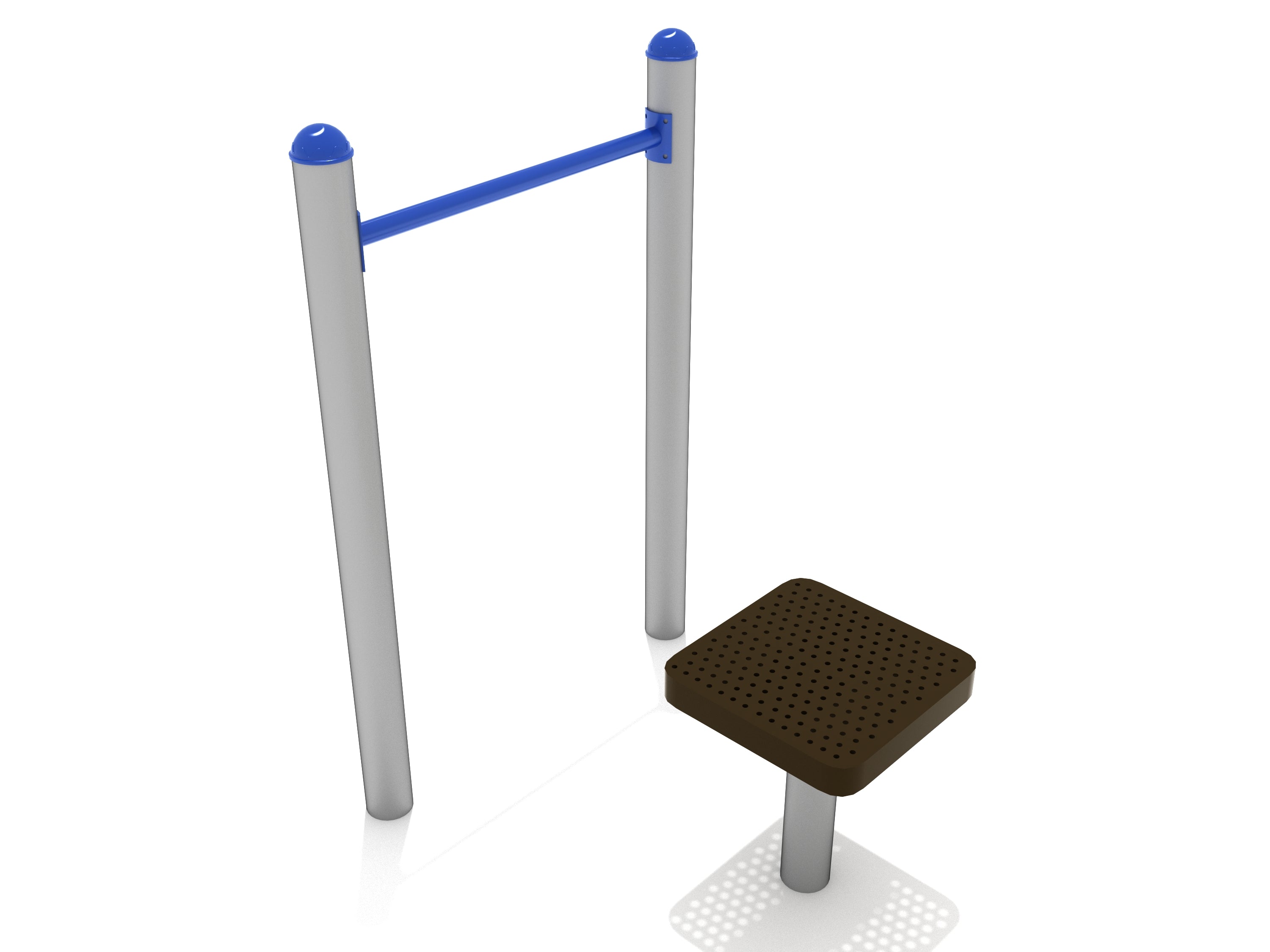 Assisted Chin Up Station with powder-coated steel frame, blue horizontal bar, and brown perforated support seat for outdoor fitness