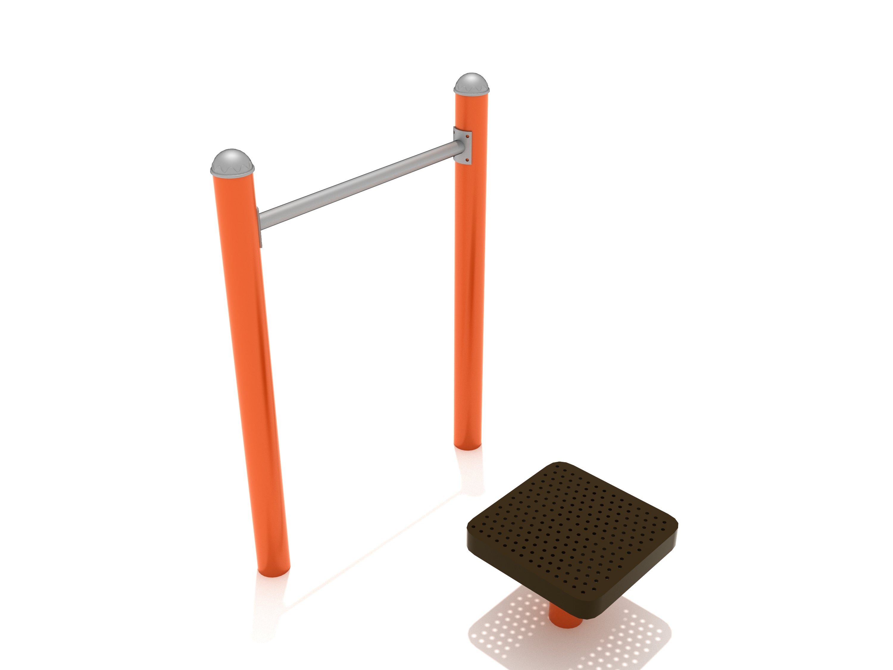 Outdoor assisted chin-up station with orange steel posts, silver pull-up bar, and black perforated support seat