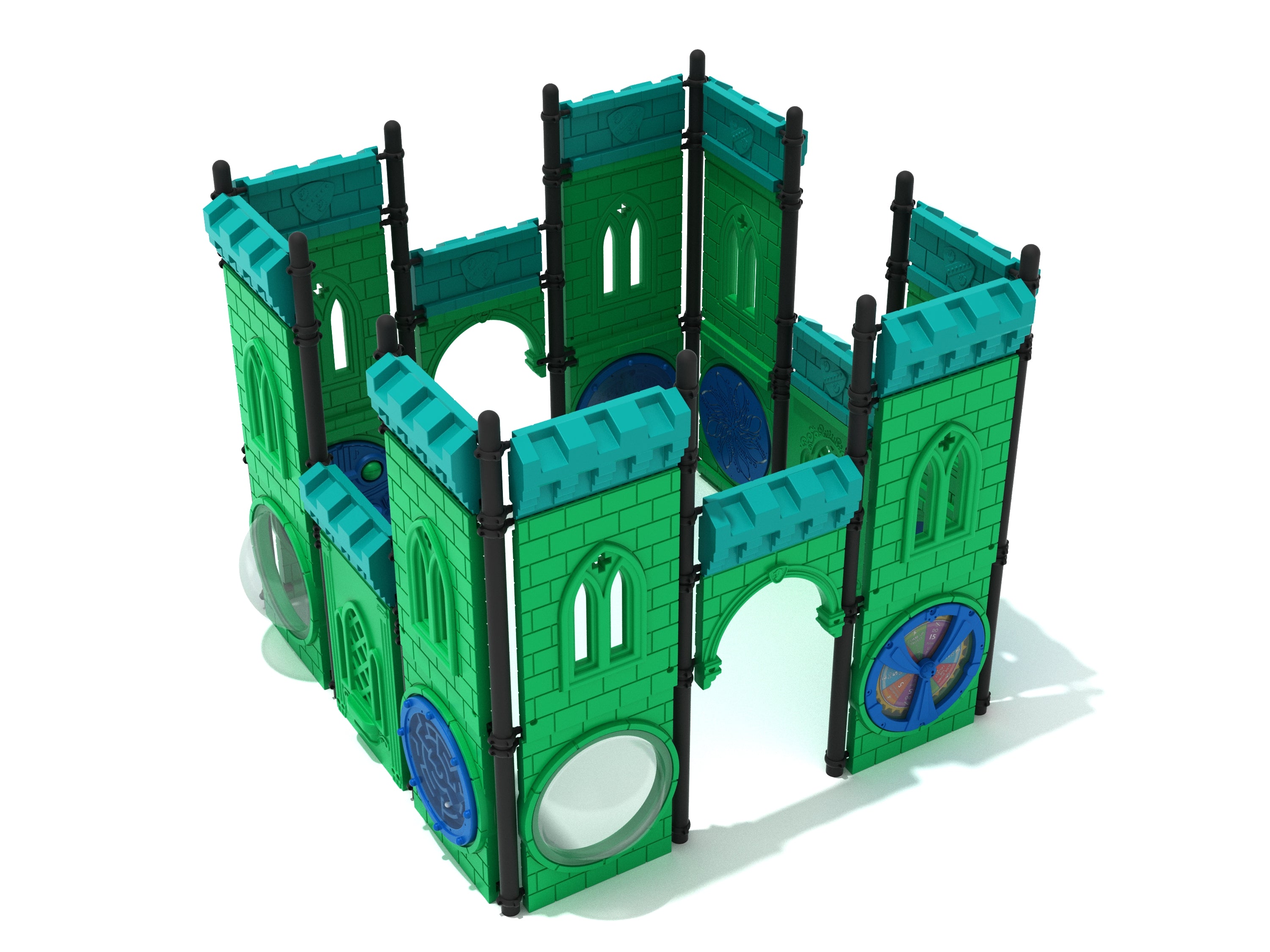 Ironclad Fortress Playground with castle-themed green walls, blue activity panels, and arched openings for toddler play