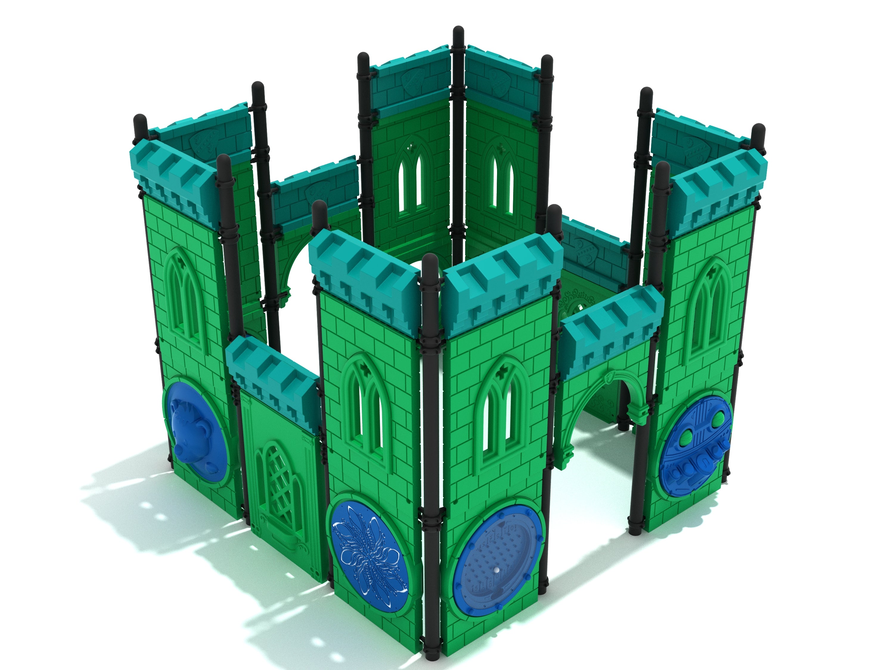 Castle-themed toddler playground with green walls, blue activity panels, and black support posts for creative, inclusive play.