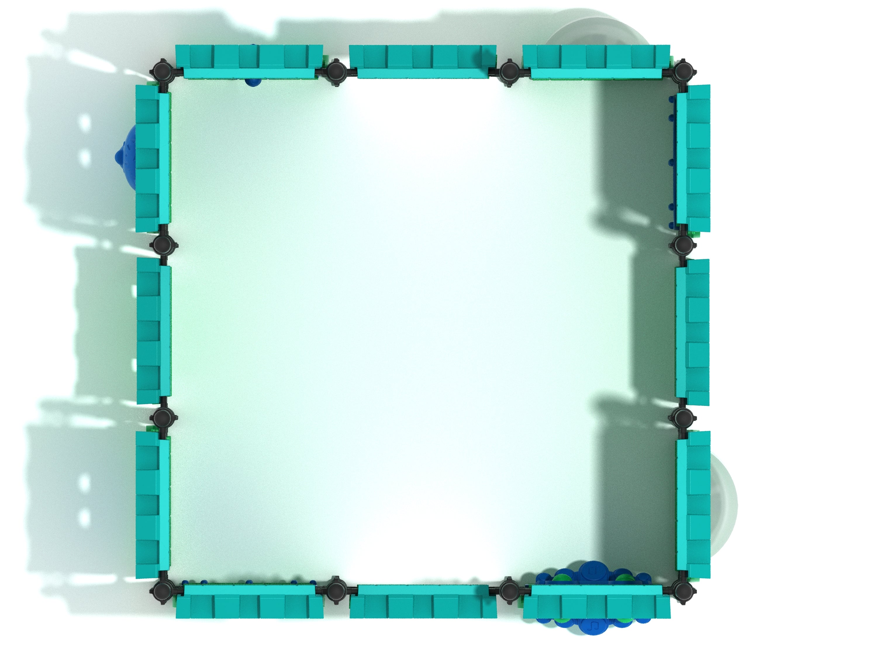 Overhead view of a square castle-themed toddler playground with teal walls and interactive activity panels including percussion, wheel, ball maze, and bubble features