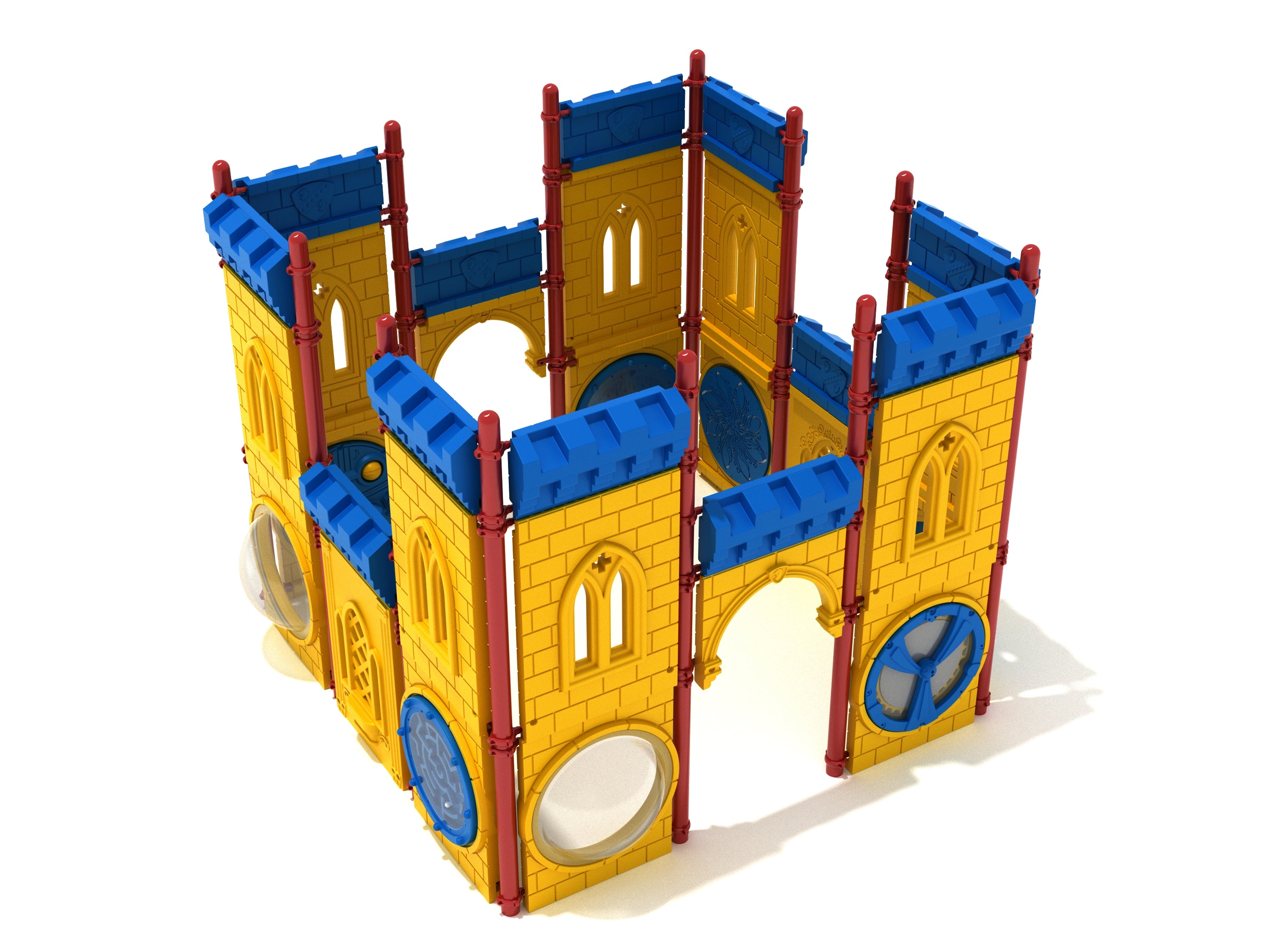 Castle-themed toddler playground with yellow walls, blue battlements, red posts, and interactive activity panels for creative play