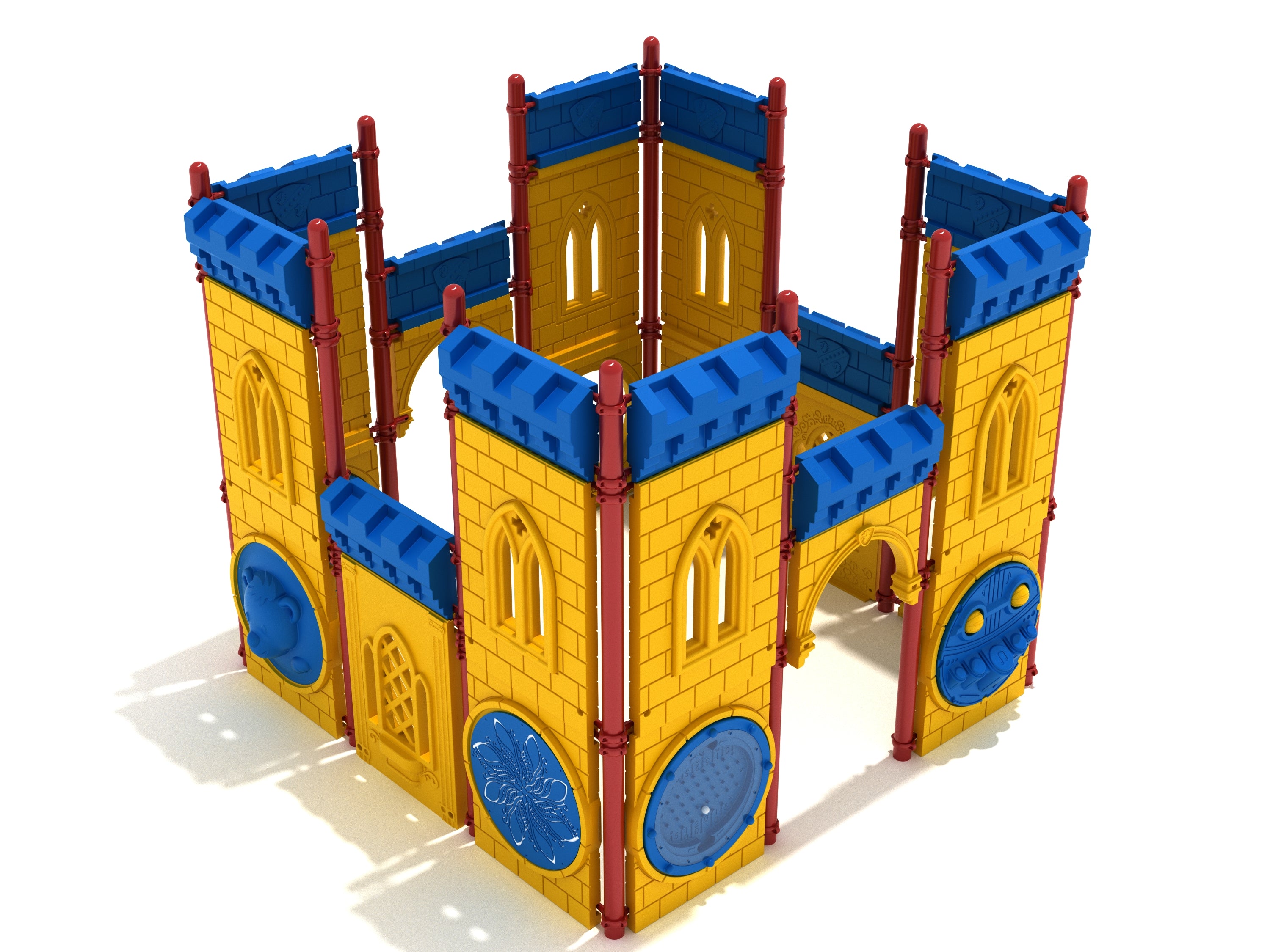 Castle-themed toddler playground with yellow walls, blue battlements, red posts, and interactive blue activity panels for creative play.
