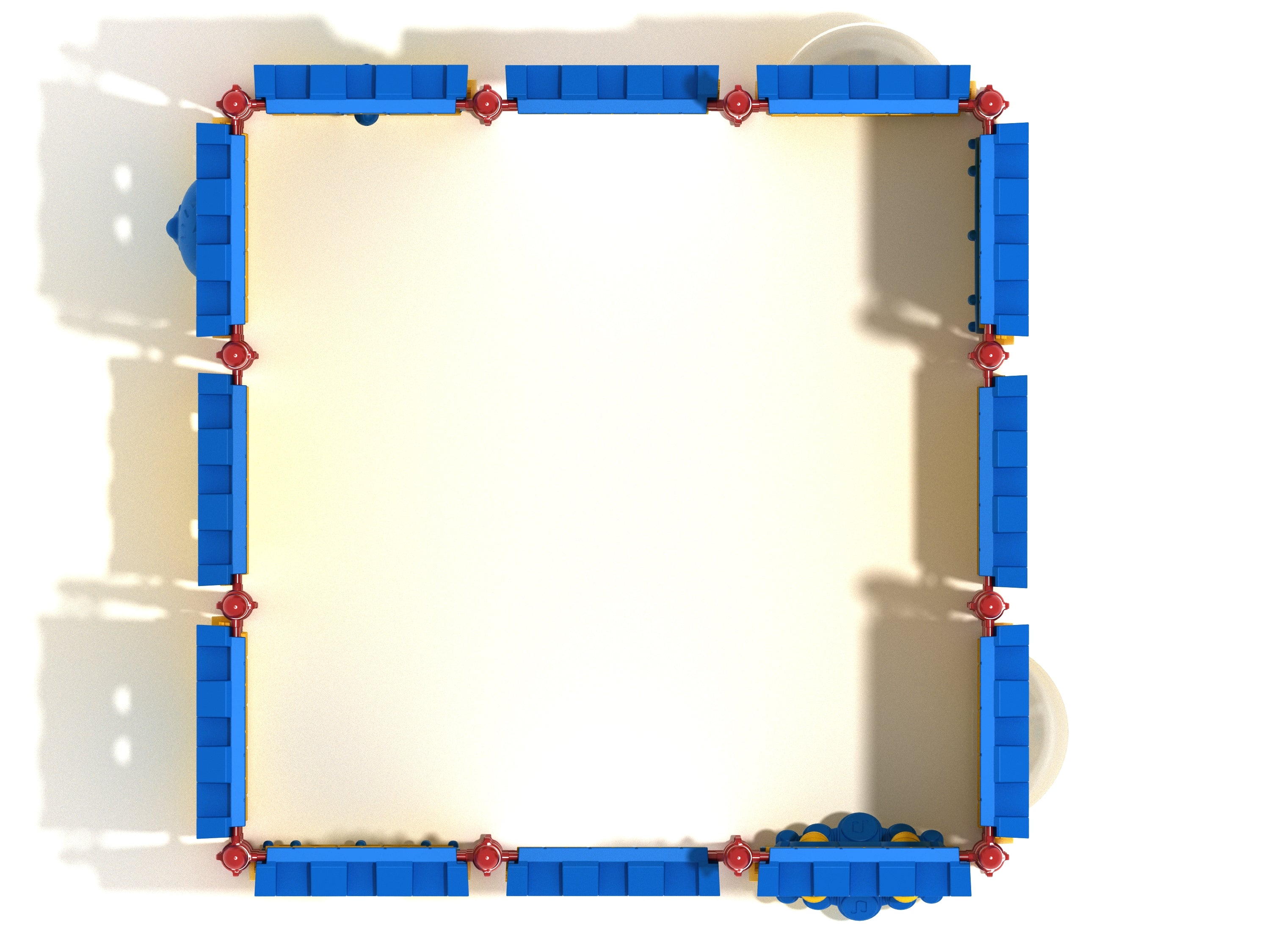 Overhead view of a square toddler playground with blue roof panels, red corner connectors, and castle-themed design elements