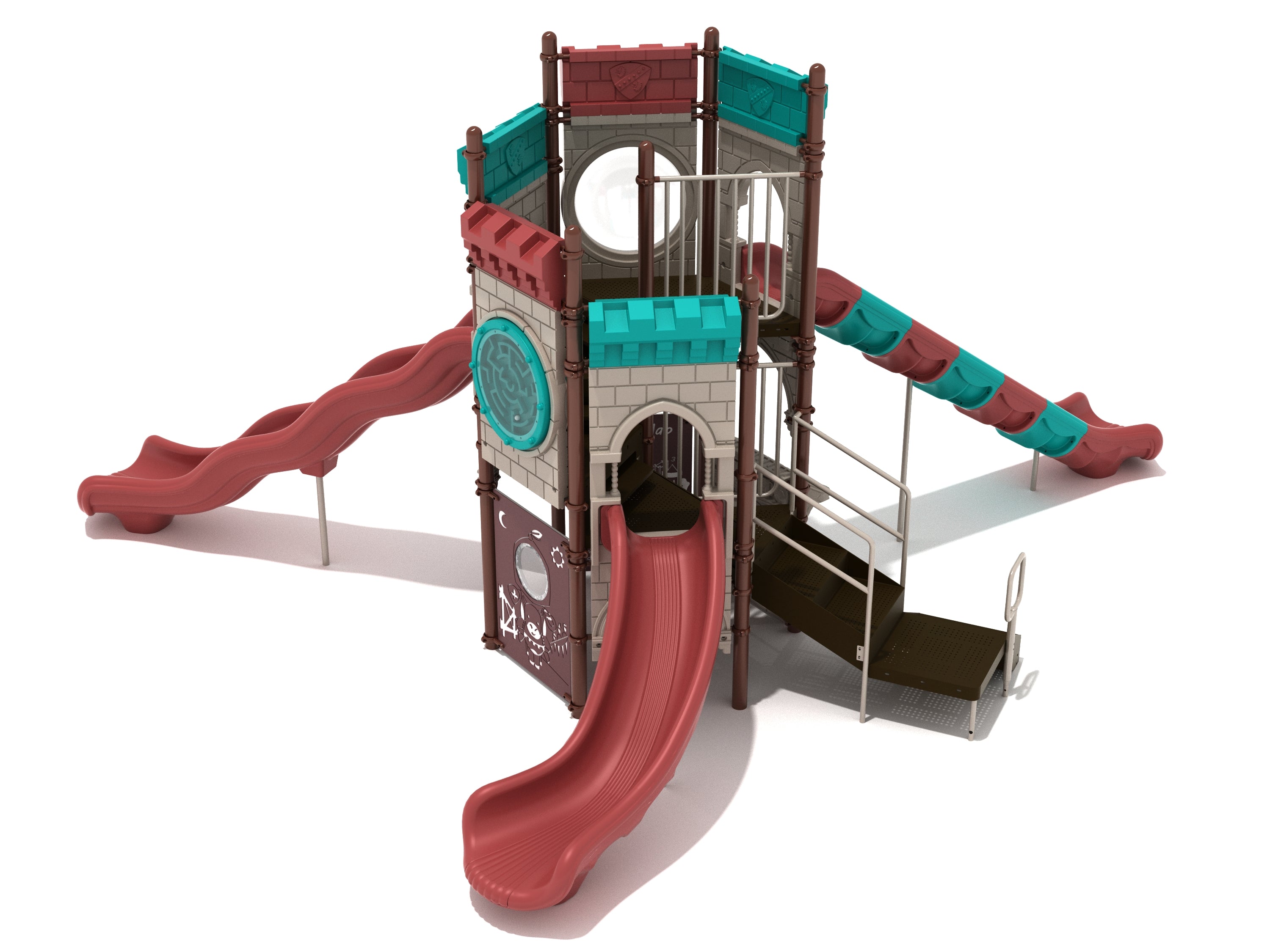 Blarney Battlement Playground castle-themed play system with red and teal slides, maze panel, accessible transfer station, and interactive play panels