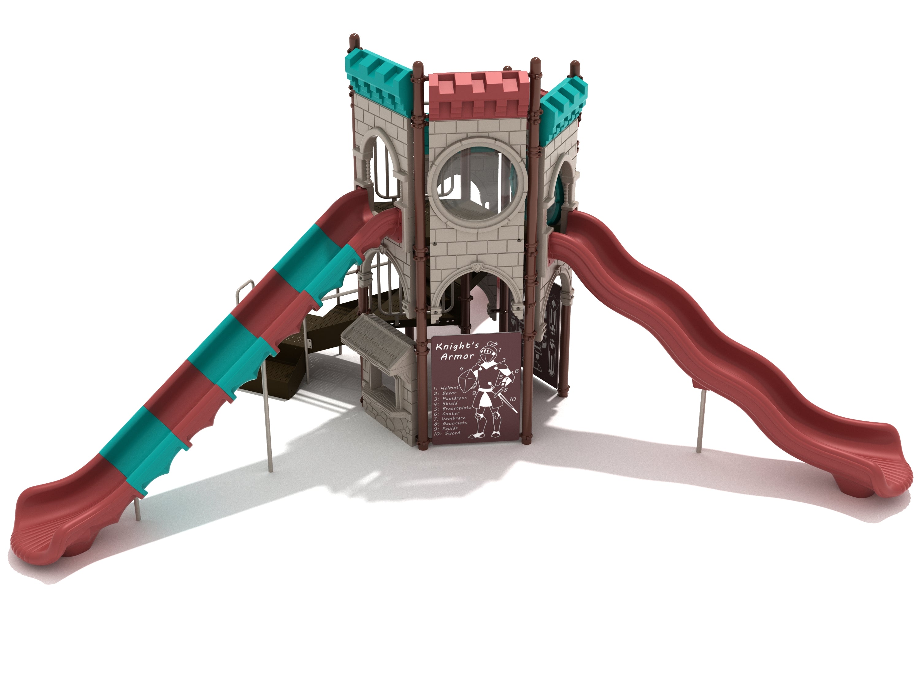 Castle-themed playground structure with two slides, climbing stairs, and interactive panels featuring knight armor graphics and sensory play elements.