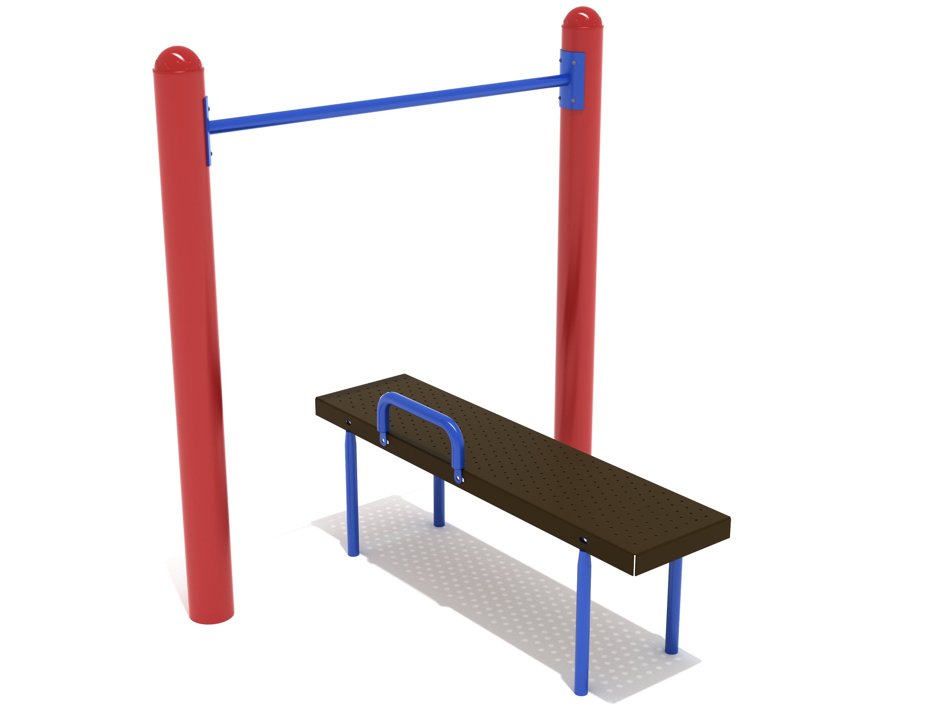 Assisted Chin Up Bar with Bench featuring red vertical posts, blue horizontal bar, brown perforated bench, and safety handle for outdoor fitness