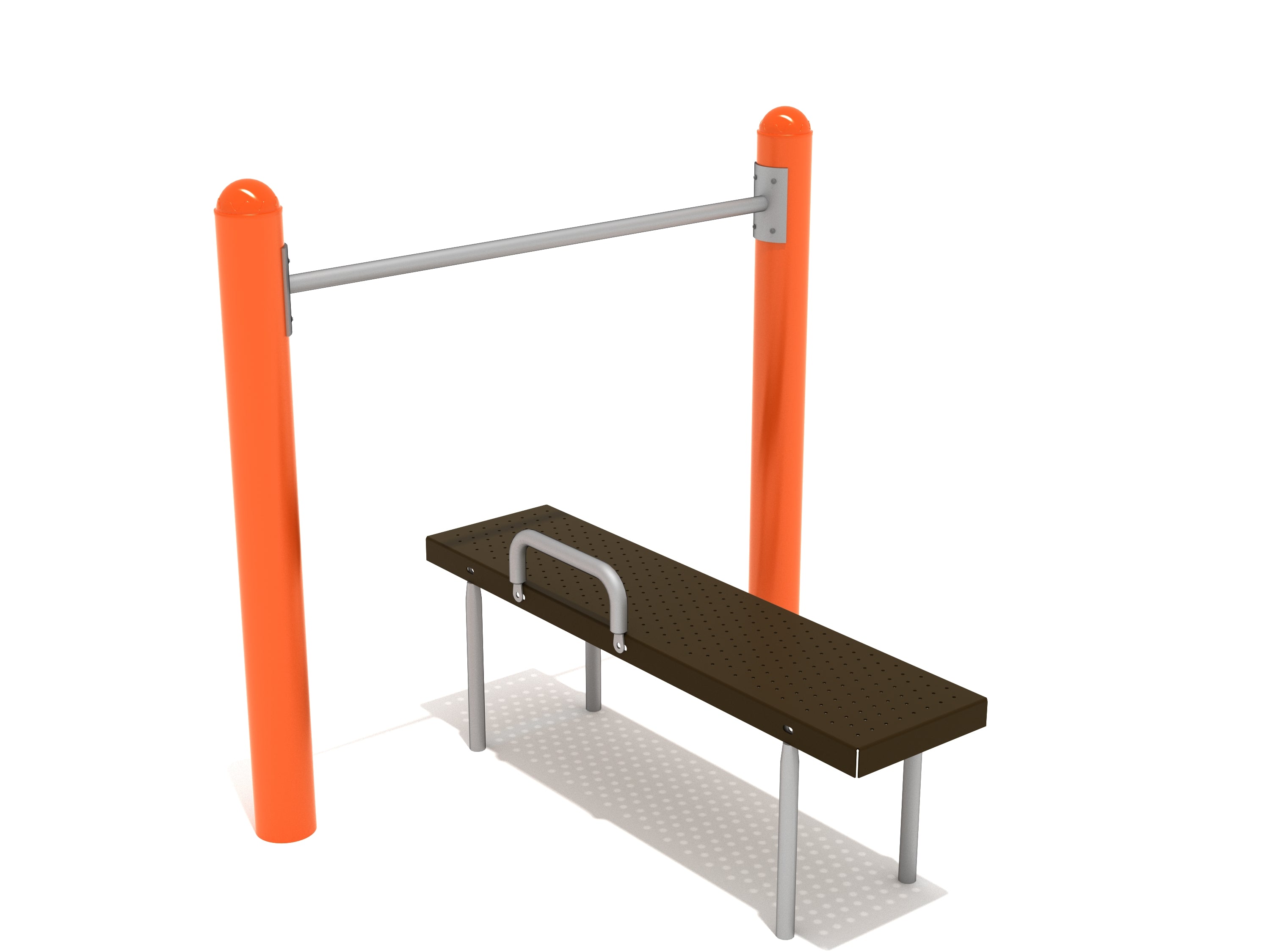 Outdoor assisted chin-up station with orange posts, perforated bench, and safety handle for modified pull-ups
