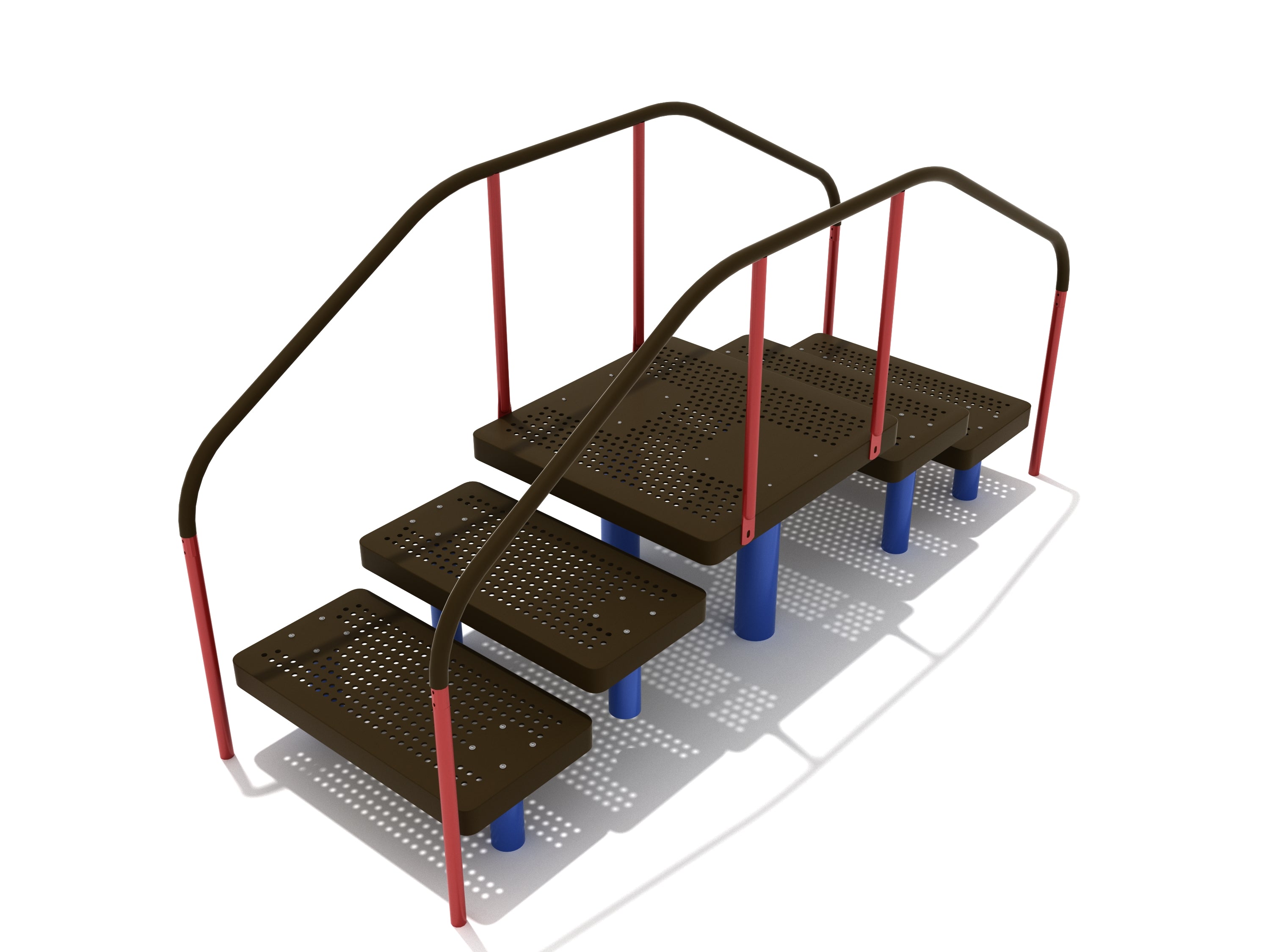 Assisted Step Up Platforms with five perforated steel steps, red guardrails, and blue supports for outdoor fitness
