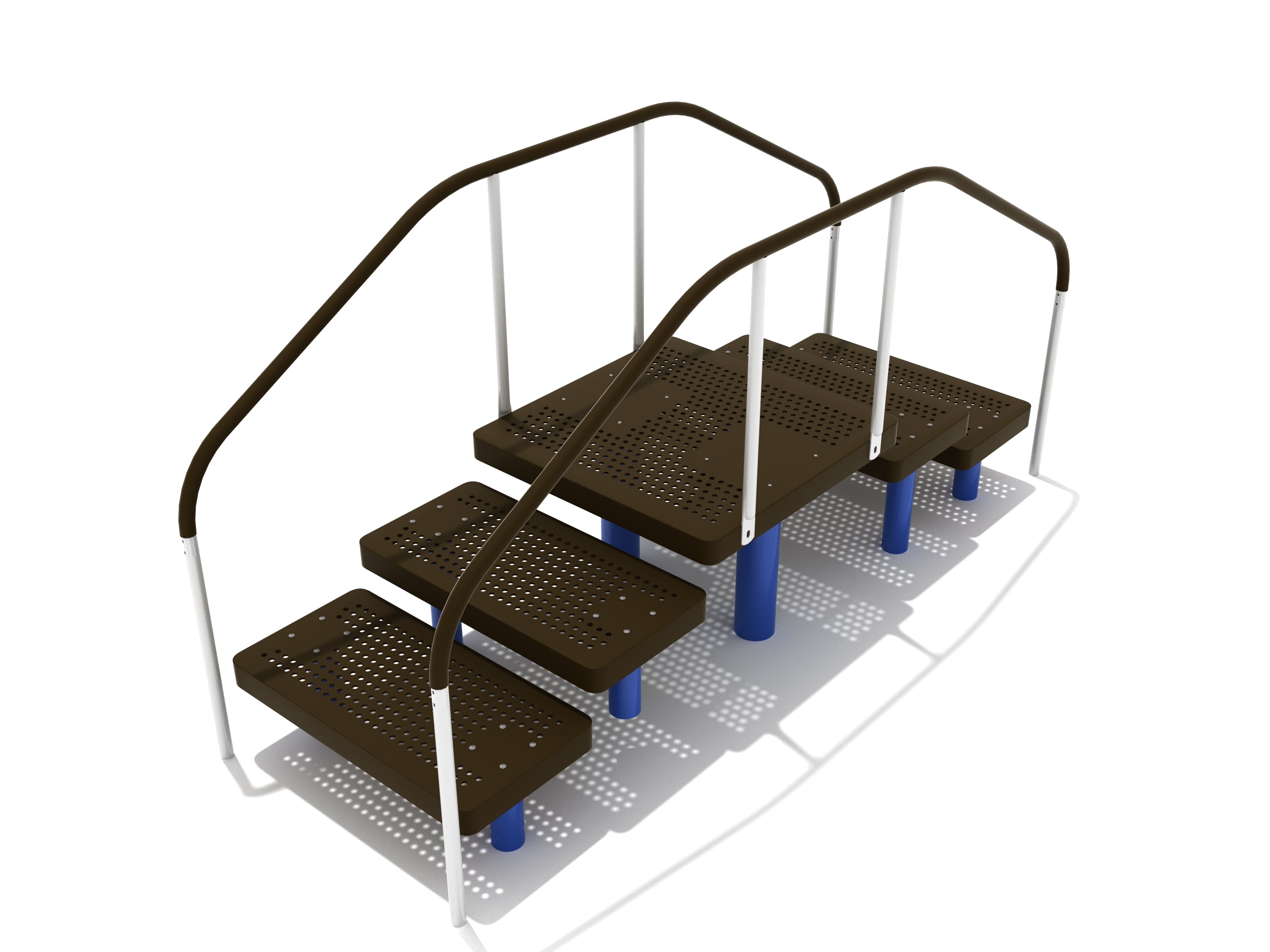 Outdoor fitness step-up platform with five perforated steel steps, blue supports, and brown handrails.