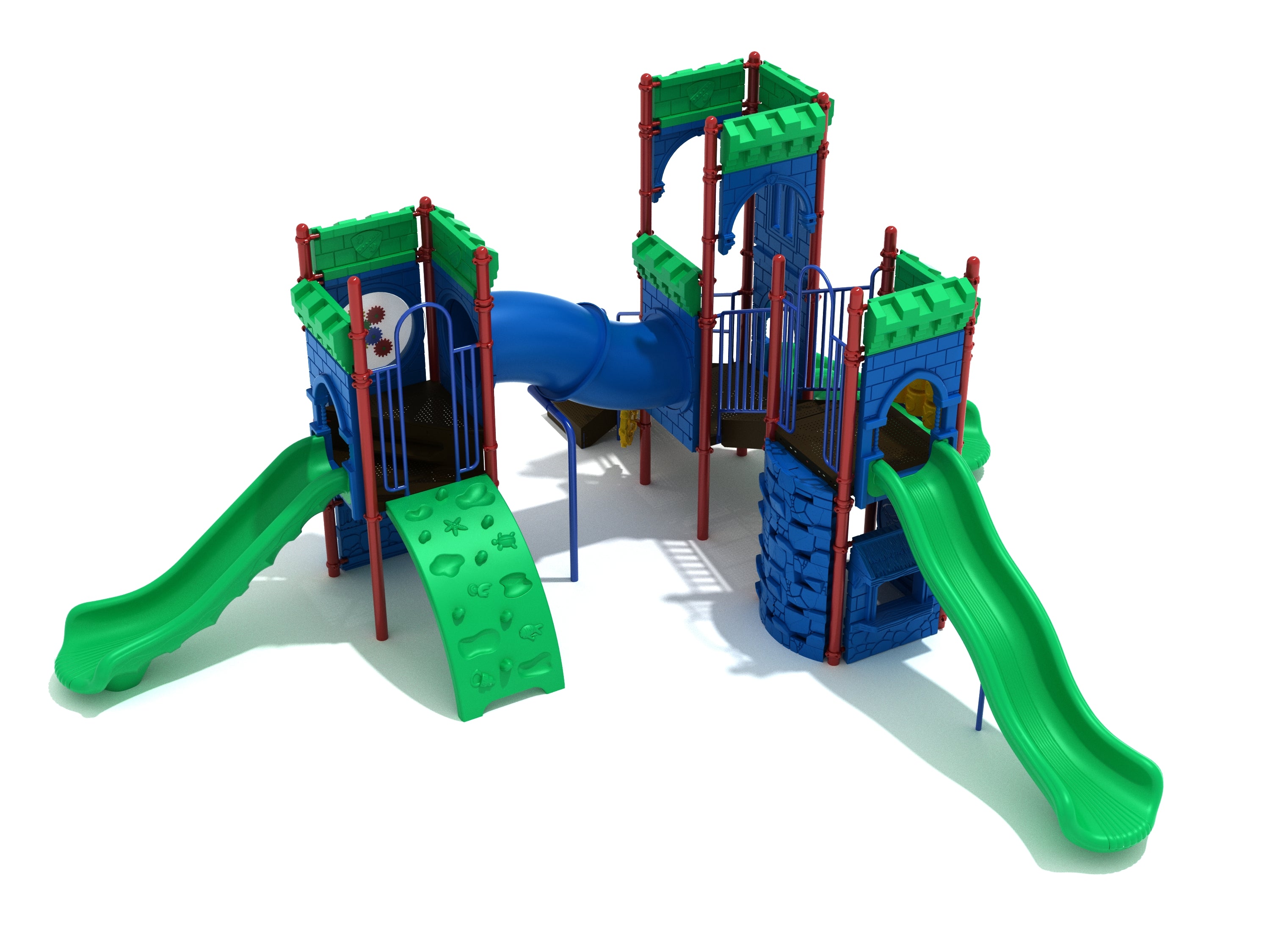 Ballygally Berm Playground with castle-themed blue and green play structures, slides, climbers, crawl tube, and activity panels