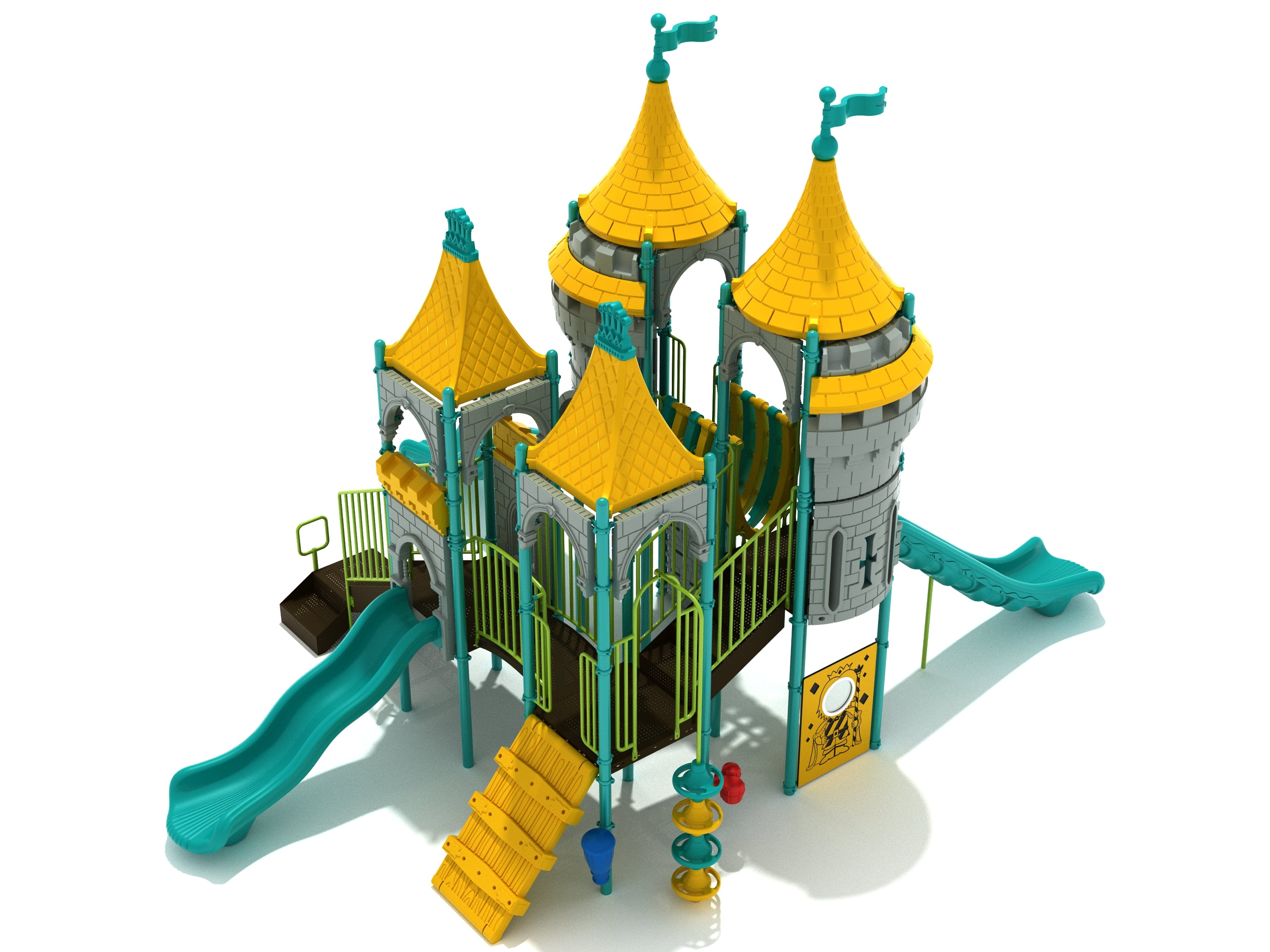 Castle-themed playground with yellow turret roofs, teal slides, climbing ramp, interactive play panels, and whimsical bones bridge