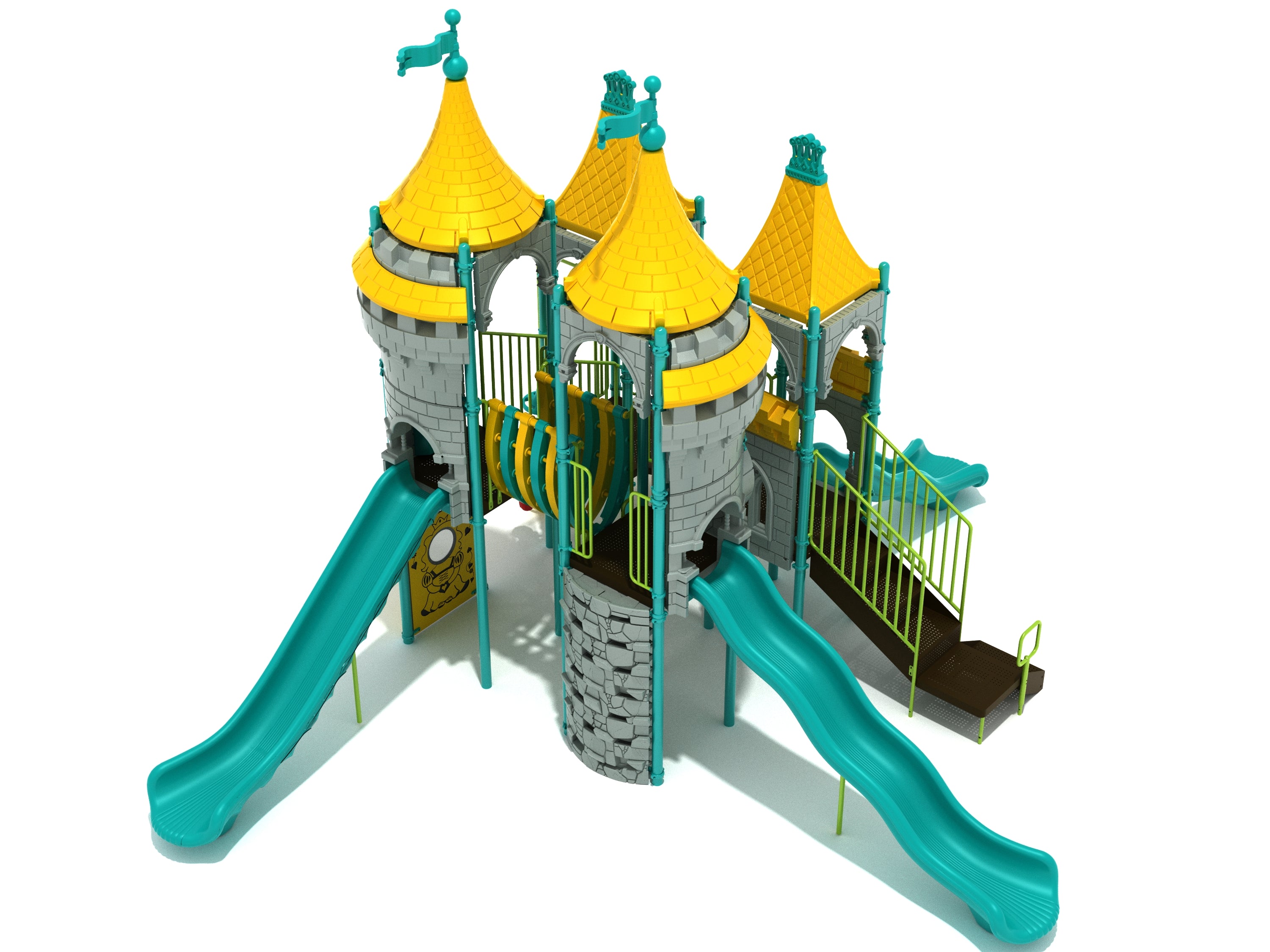 Song of Sages Playground large play system with castle towers, bright yellow roofs, teal wave and straight slides, whimsical bones bridge, and interactive play panels.