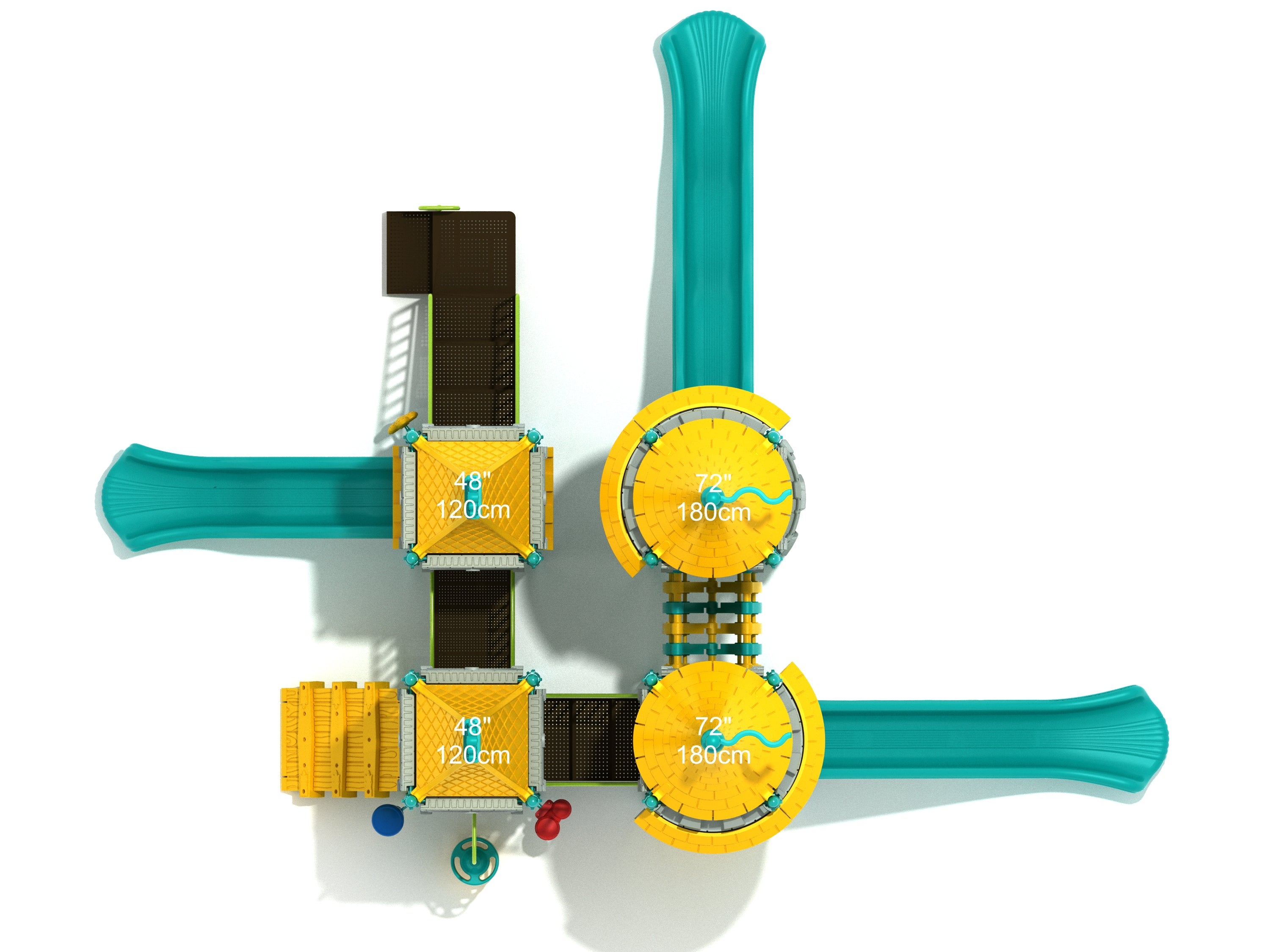 Overhead view of castle-themed playground with yellow roofs, blue wave and straight slides, climbing bridges, and interactive play panels