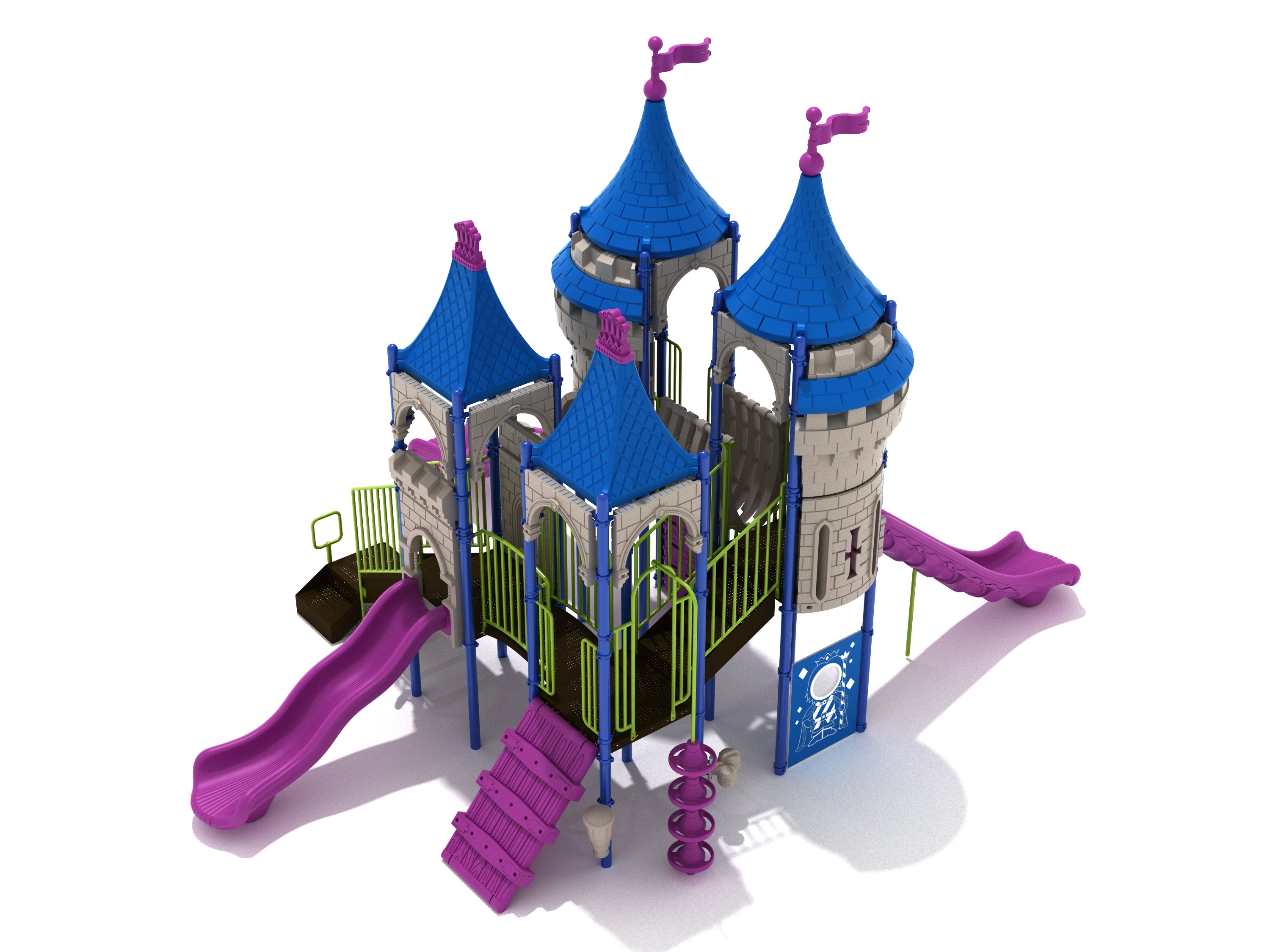 Castle-themed playground with blue turret roofs, purple slides, climbing ramp, interactive play panels, and whimsical bones bridge