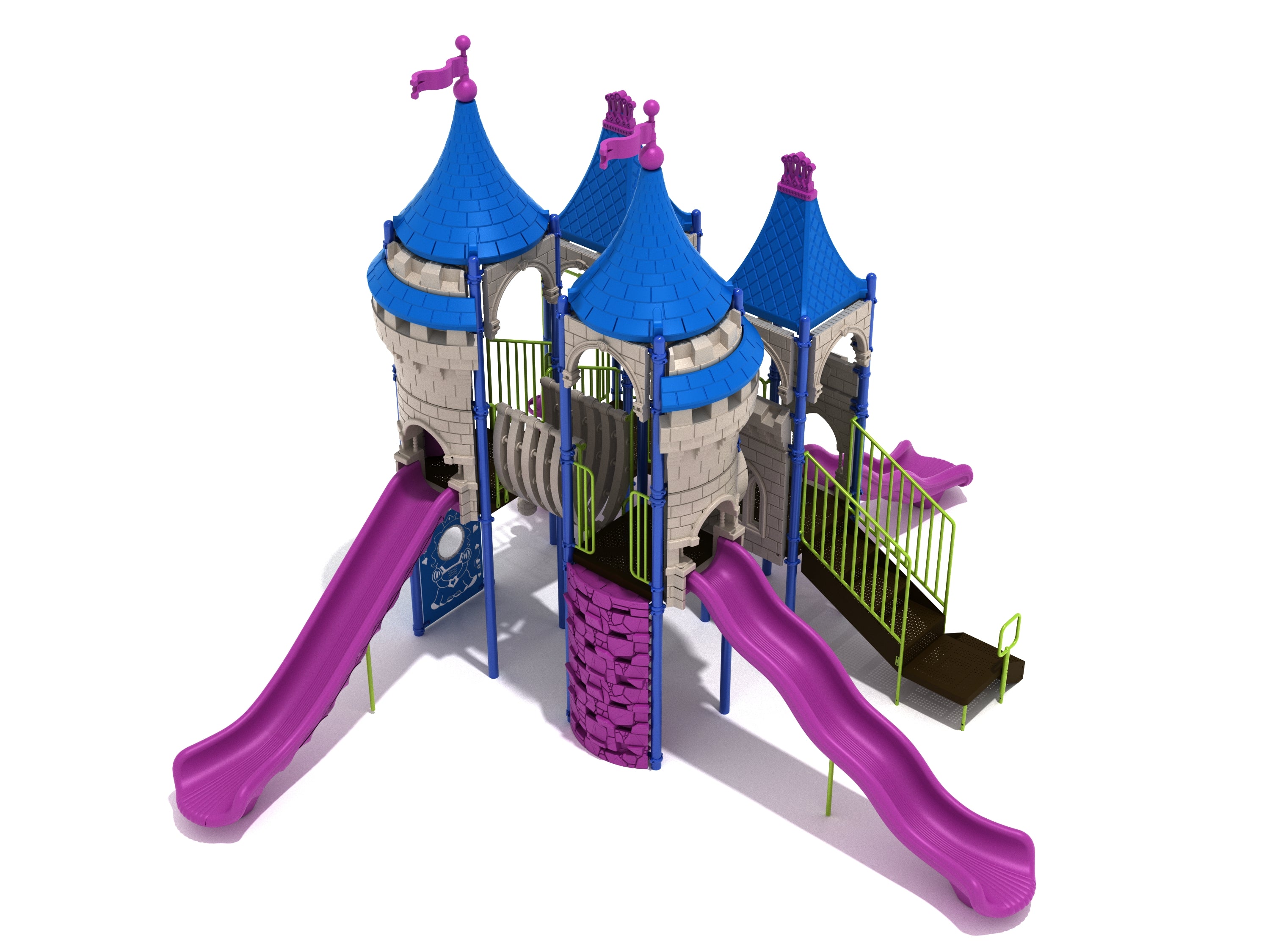 Castle-themed playground with blue turrets, purple slides, climbing wall, and green railings