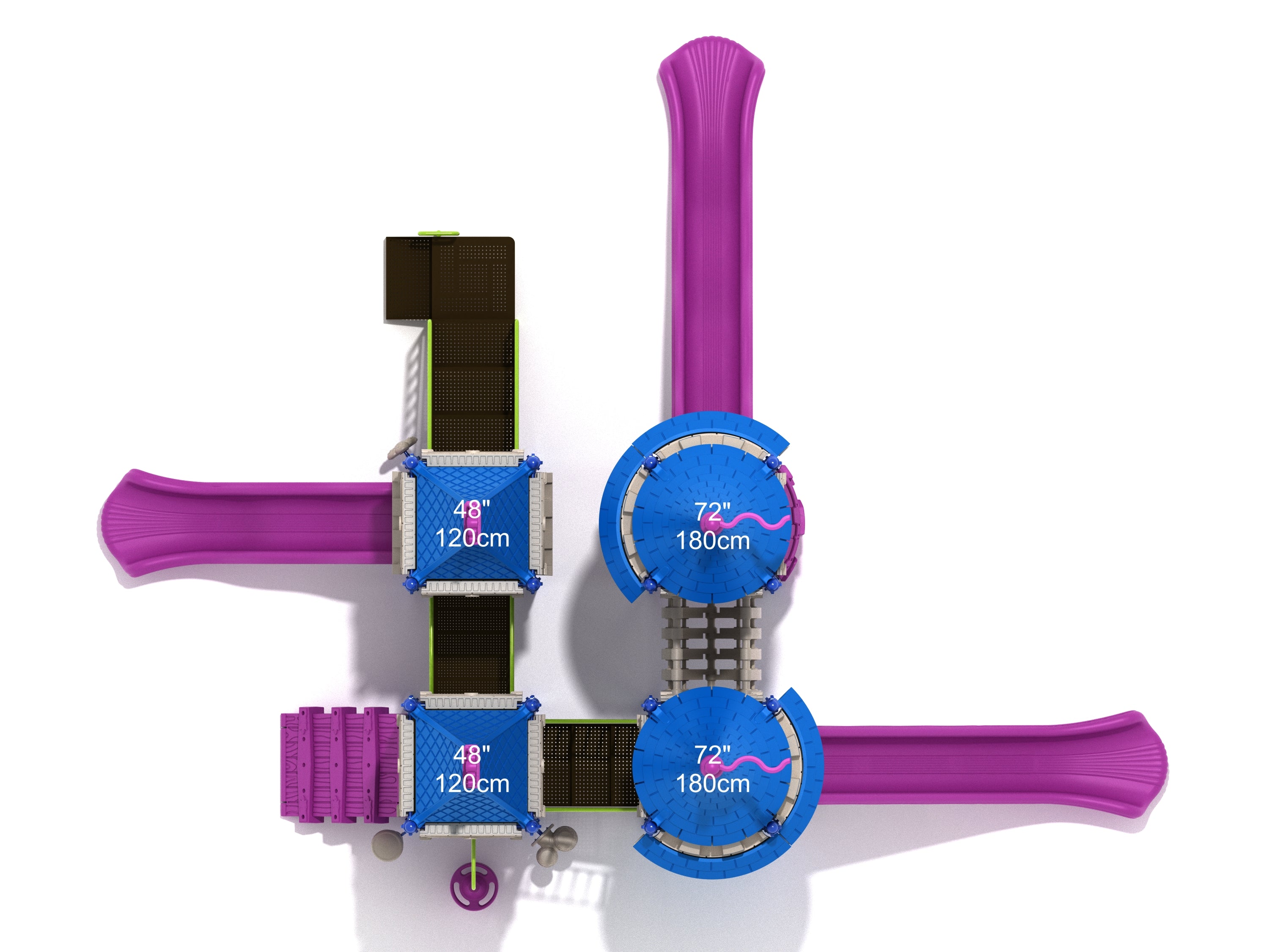 Overhead view of colorful castle-themed playground with blue towers, purple slides, and connecting bridges for active, imaginative play
