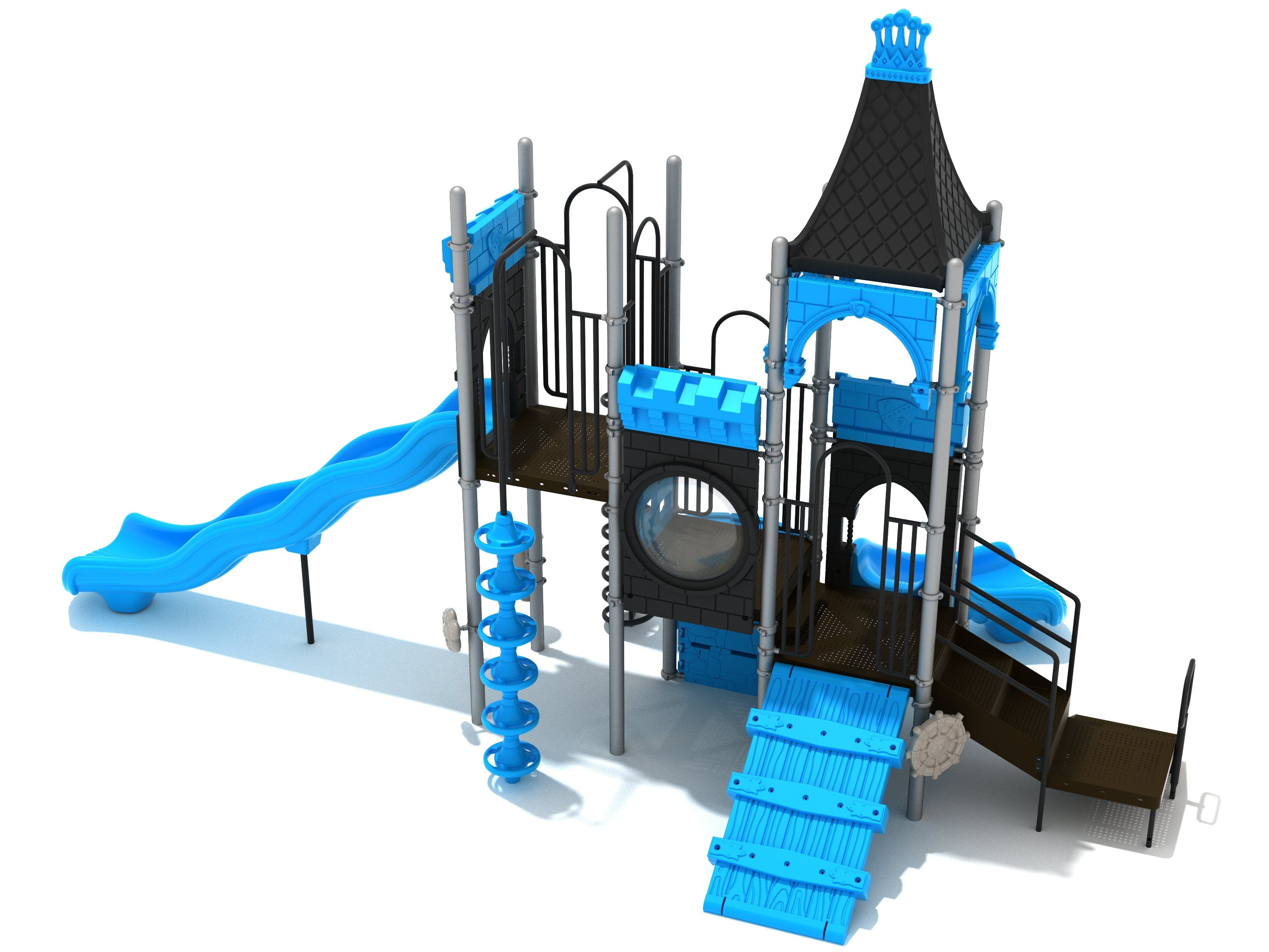 Castle-themed playground with blue slides, climbing walls, spiral climber, and black peaked roof, featuring interactive play panels.