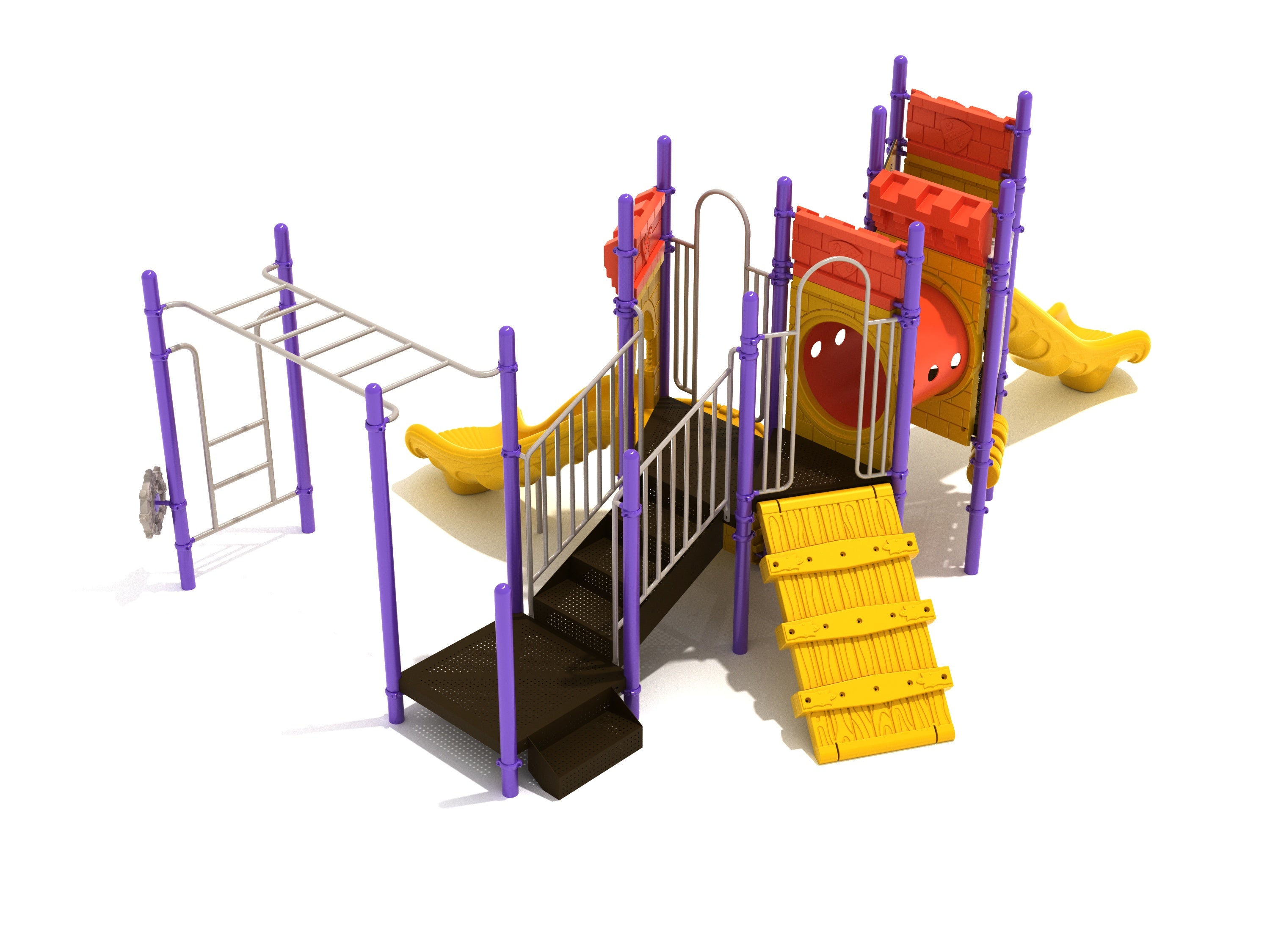 Colorful castle-themed playground with purple posts, yellow climbing ramp, red tunnel, slides, and overhead ladder