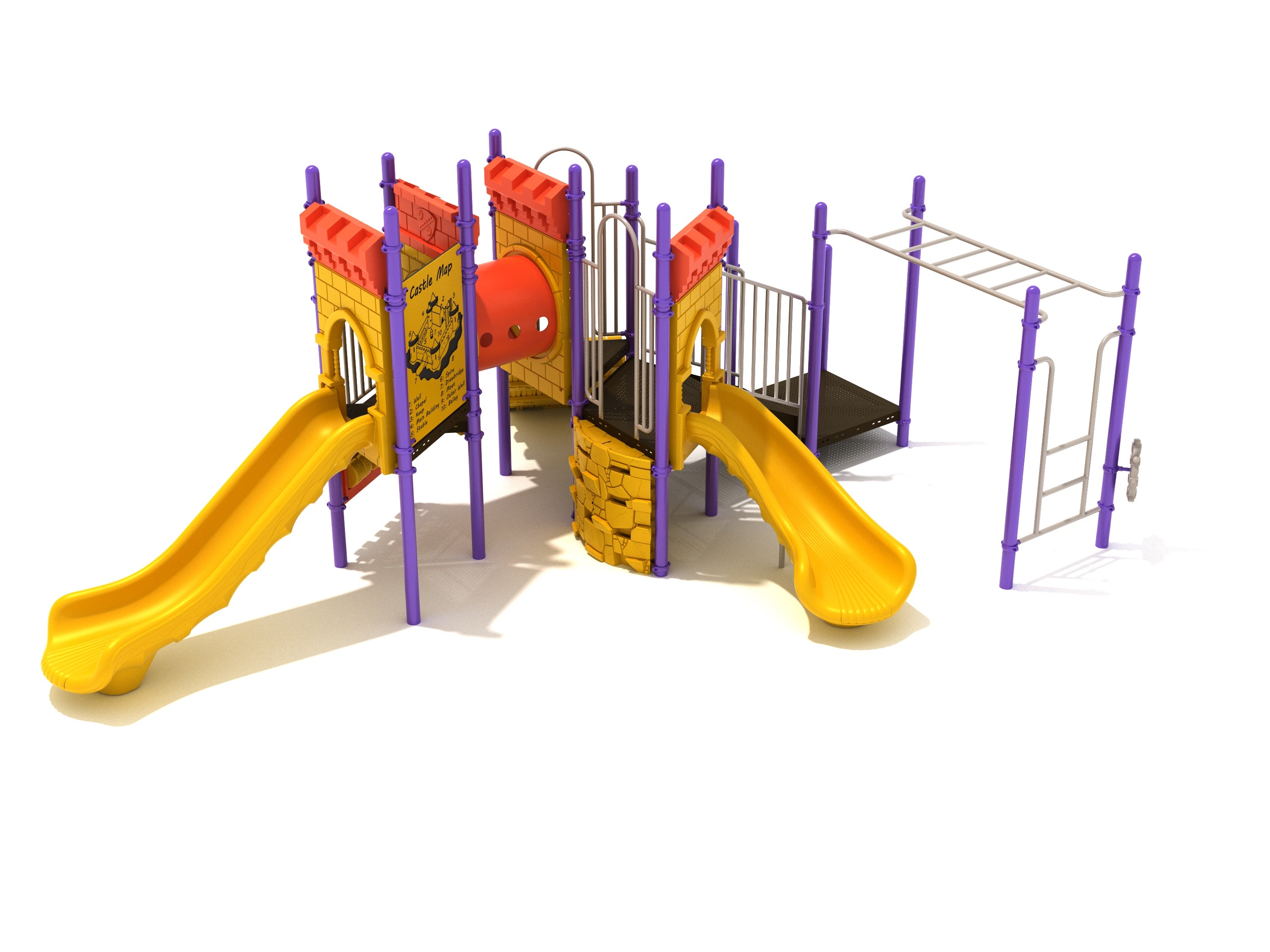 Shrieking Chateau Playground with castle-themed panels, yellow slides, purple posts, climbing ladder, and overhead monkey bars