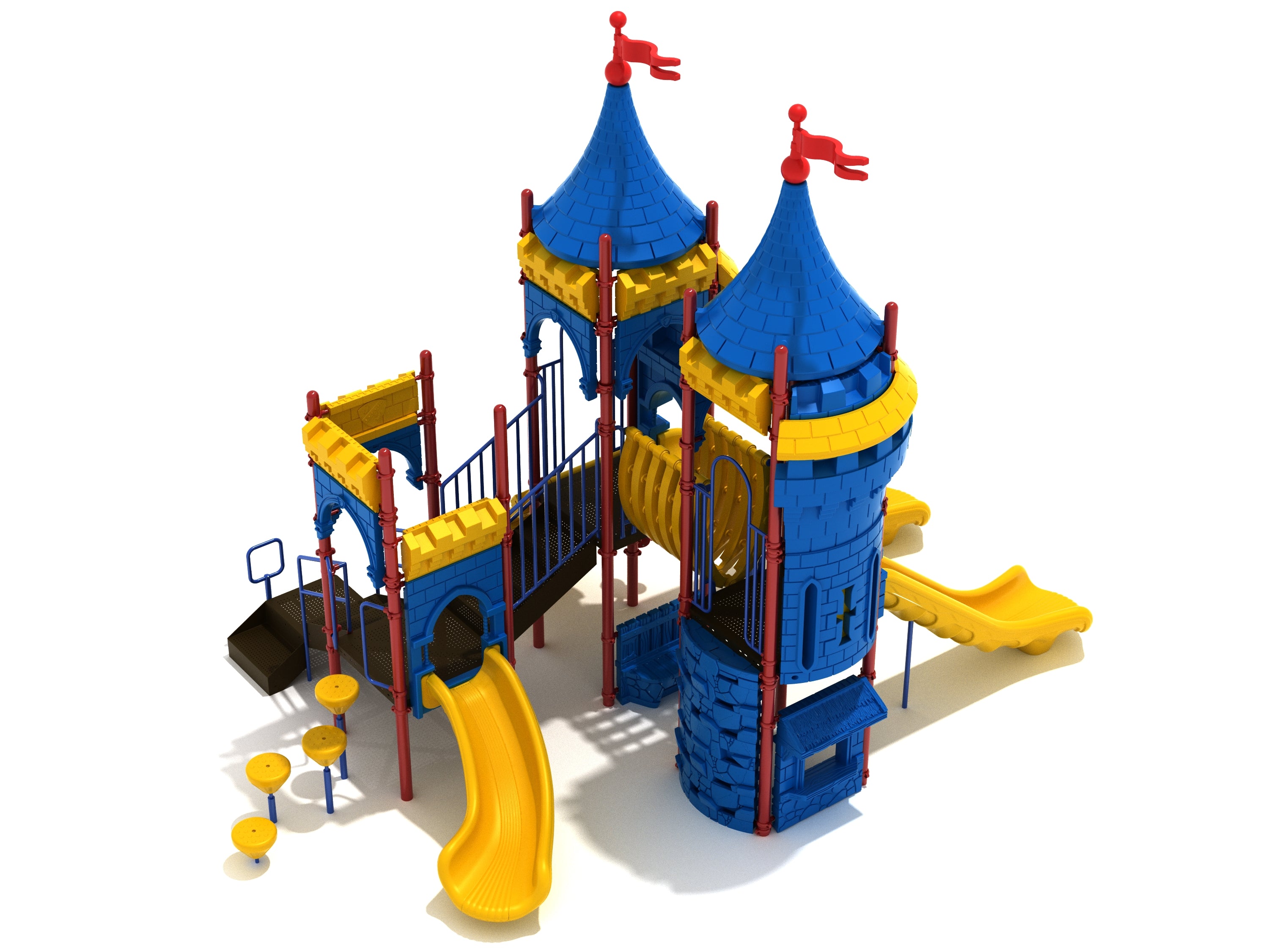 Castle-themed playground with two blue towers topped by red flags, yellow slides, climbing walls, and interactive play panels