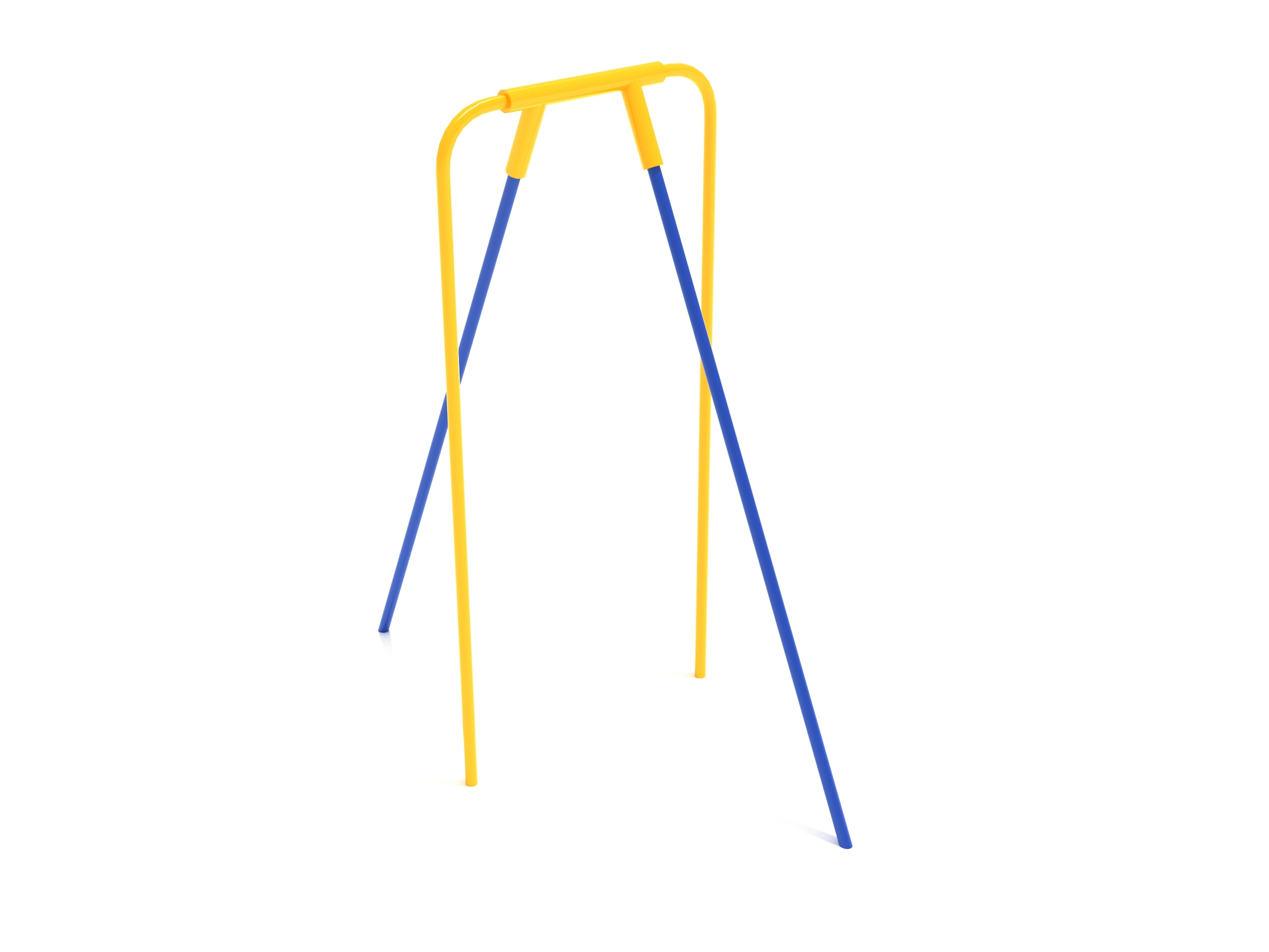 Playground climbing structure with two parallel yellow and blue steel poles and a yellow top bar for fitness and coordination.