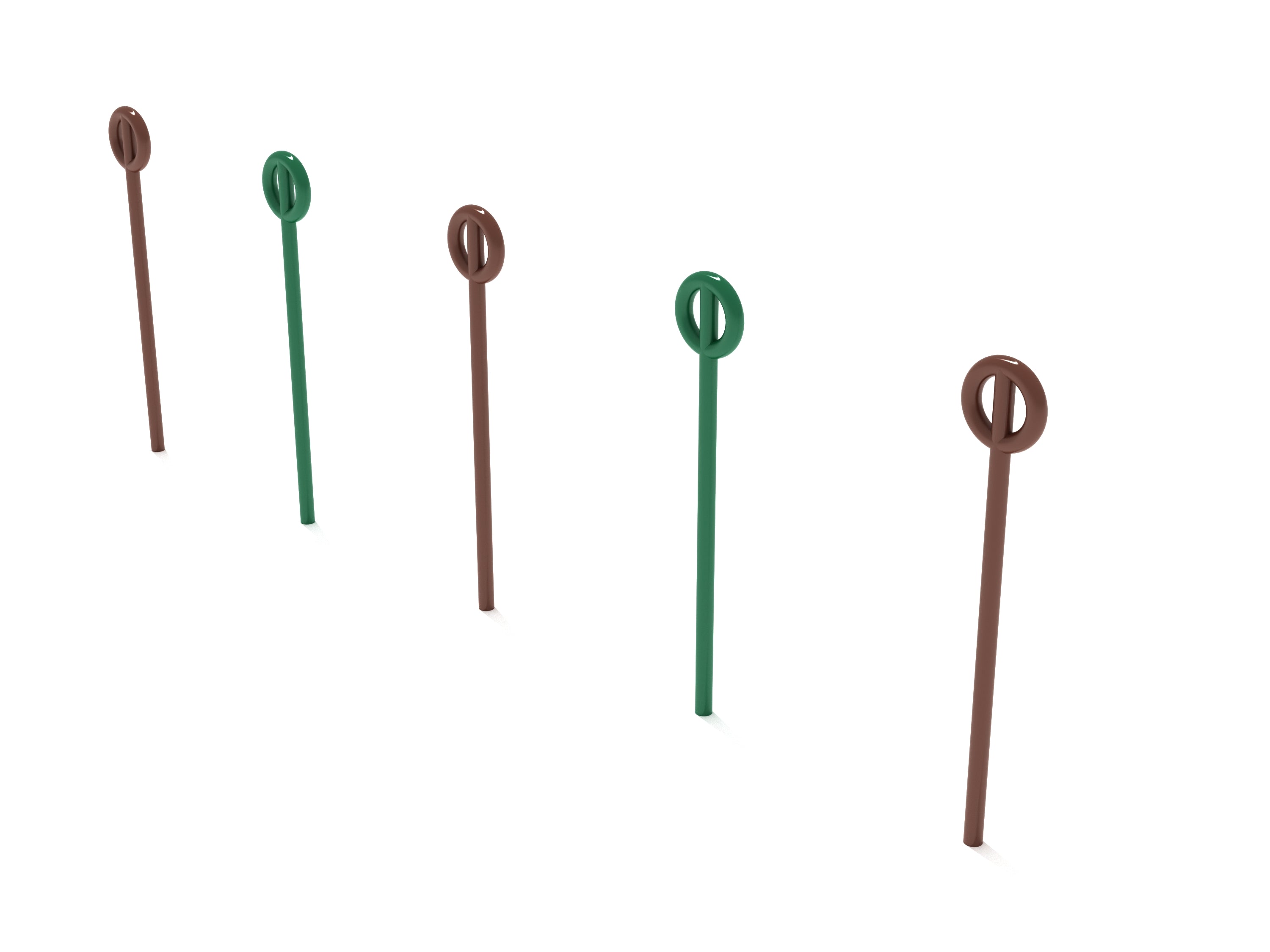 Five durable plastic agility training poles in alternating brown and green colors arranged in a staggered line for athletic drills