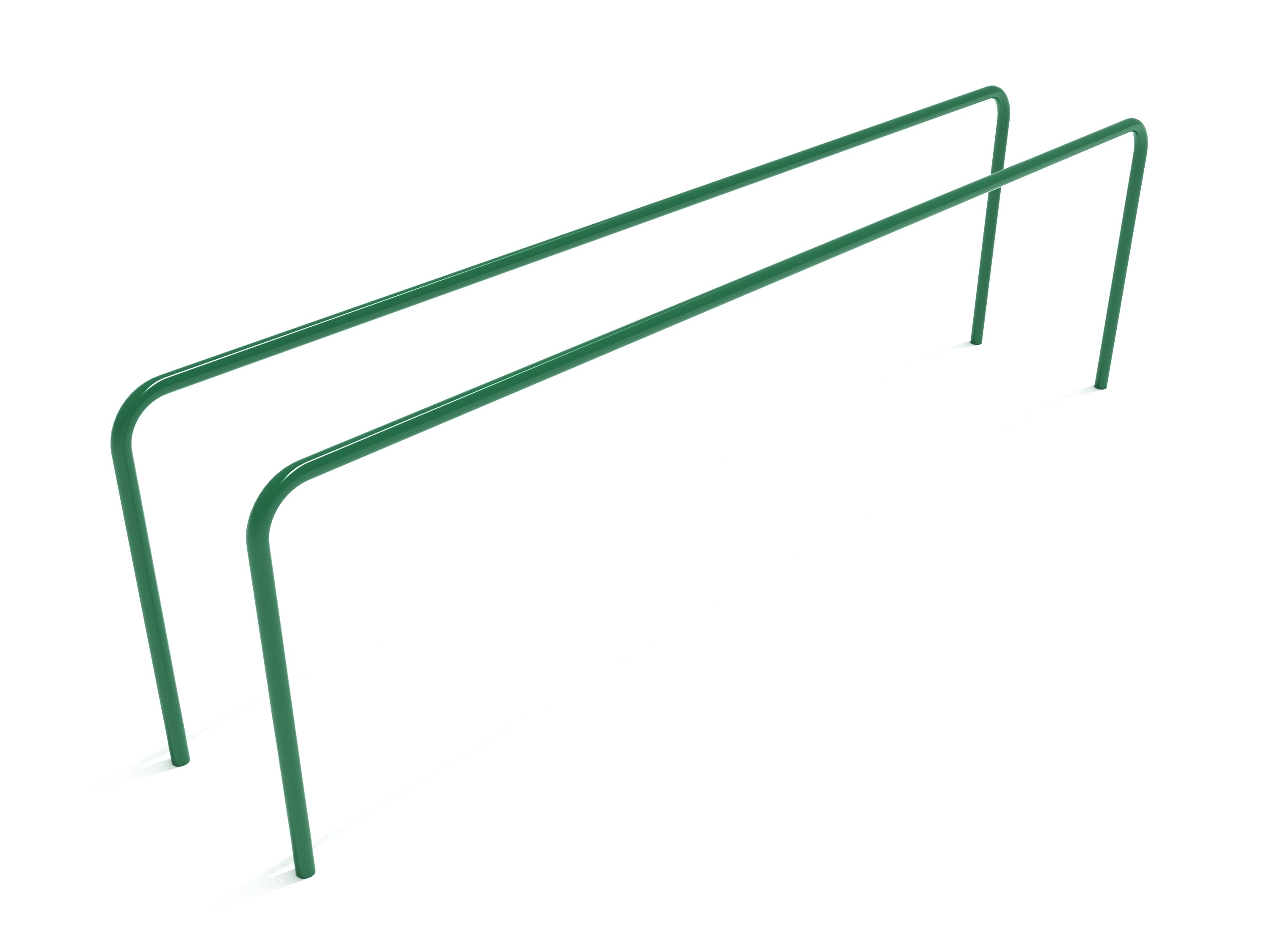 Green commercial-grade steel parallel bars for playground fitness, designed for strength and coordination development.