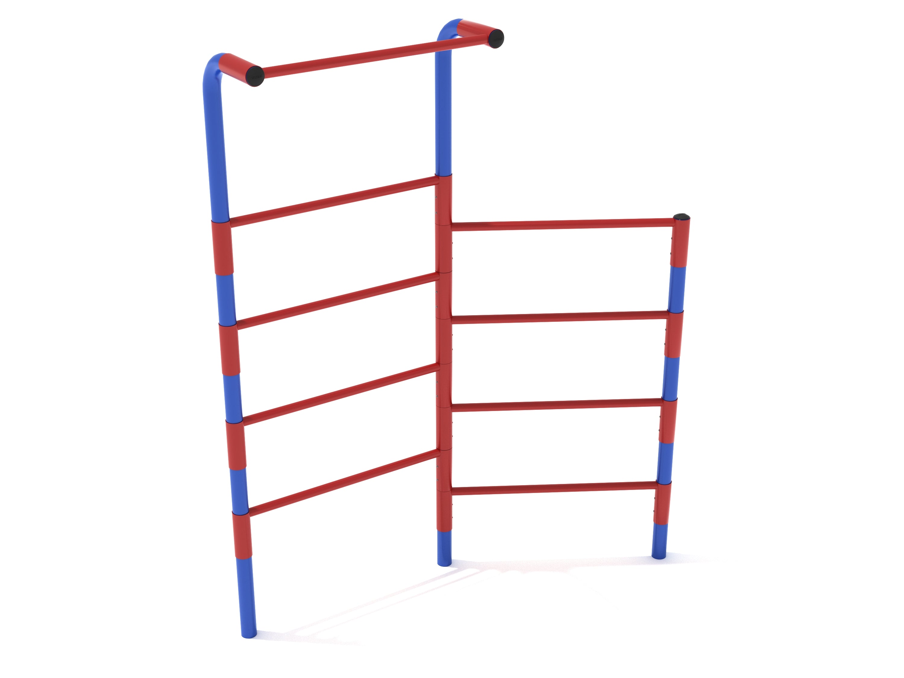 Dual-sided red and blue steel climbing ladder with nine rungs and a top pull-up bar for playground fitness and strength training.